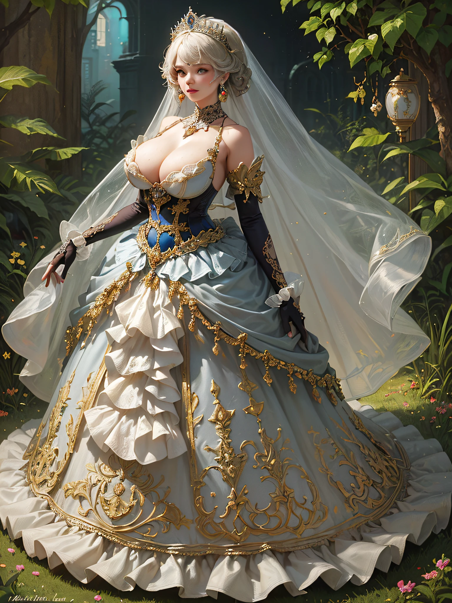 ((anime artstyle)),(Masterpiece),(Best Quality), (Super Detail),((Very Delicate and Beautiful)),cinematic lighting,1 girl,((full body portrait)),((standing in garden)),((solo)),(((1 fairytale princess in gorgeous embroidery and jeweled extremely gorgeous rococo princess ballgown with voluminous full length hoop skirt))),an hourglass waist,padded and corseted bodice,(((huge crinoline hoopskirt))),long train,((gorgeous embroidery and jeweled)),voluminous frills,See-through,(((extremely gigantic tits,skindentation))),cleavage,((absurdly Long Straight Hair,extremely voluminous Straight long Hair,absurdly Long Straight Hair)),(finely detailed face and eyes),clear pupil,extremely gorgeousfull hair ornament,(bling-bling jeweled extremely gorgeousfull tiara),((bling-bling gorgeous gemstone jewelry)),gorgeous long veil,((ultra long gloves)),(beautiful background),(full body),((gorgeous embroidery and jeweled extremely gorgeous rococo princess ballgown with voluminous full length hoop skirt))