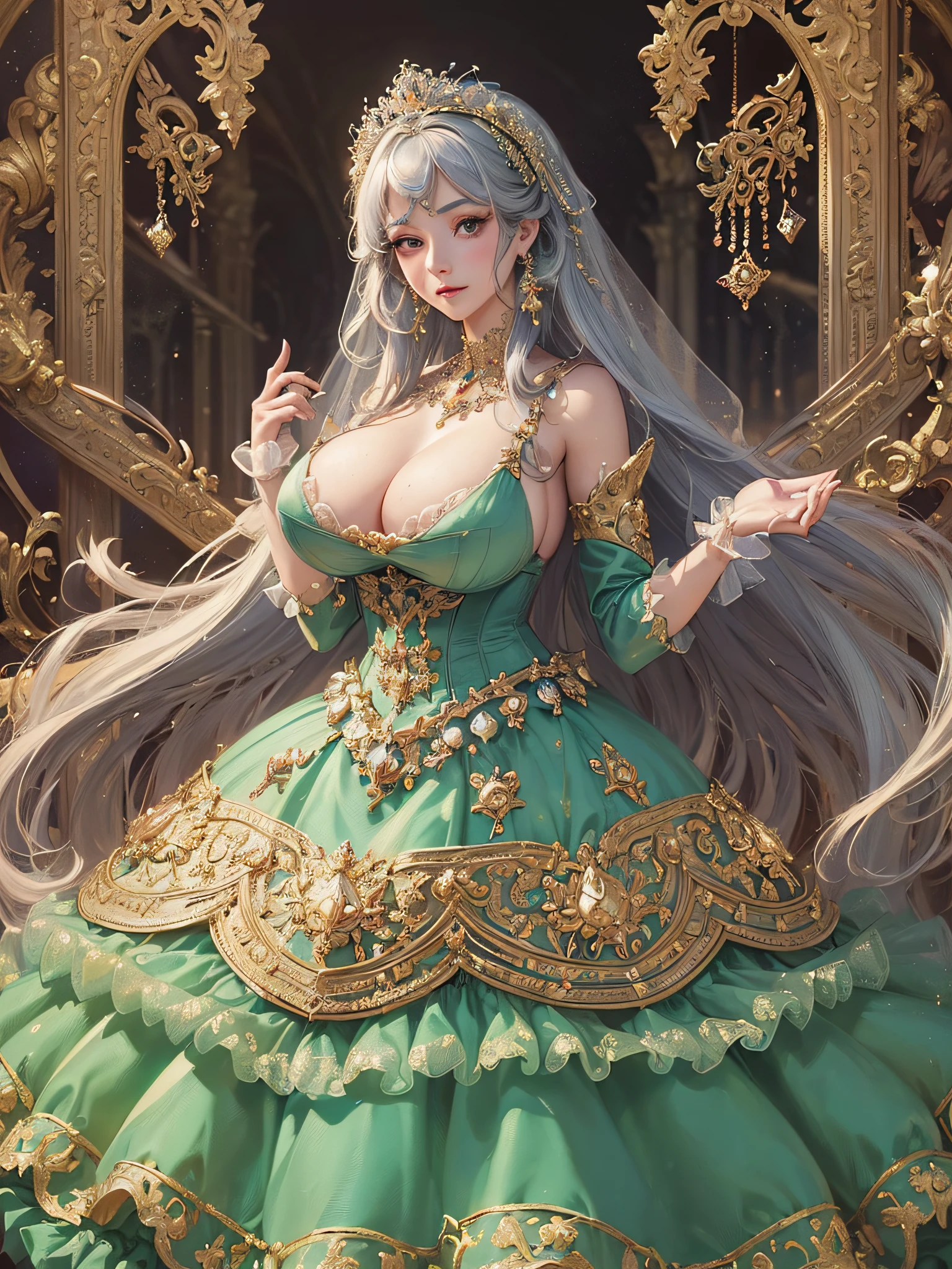 ((anime artstyle)),(Masterpiece),(Best Quality), (Super Detail),((Very Delicate and Beautiful)),cinematic lighting,1 girl,((full body portrait)),((standing in garden)),((solo)),(((1 fairytale princess in gorgeous embroidery and jeweled extremely gorgeous rococo princess ballgown with voluminous full length hoop skirt))),an hourglass waist,padded and corseted bodice,(((huge crinoline hoopskirt))),long train,((gorgeous embroidery and jeweled)),voluminous frills,See-through,(((extremely gigantic tits,skindentation))),cleavage,((absurdly Long Straight Hair,extremely voluminous Straight long Hair,absurdly Long Straight Hair)),(finely detailed face and eyes),clear pupil,extremely gorgeousfull hair ornament,(bling-bling jeweled extremely gorgeousfull tiara),((bling-bling gorgeous gemstone jewelry)),gorgeous long veil,((ultra long gloves)),(beautiful background),(full body),((gorgeous embroidery and jeweled extremely gorgeous rococo princess ballgown with voluminous full length hoop skirt))