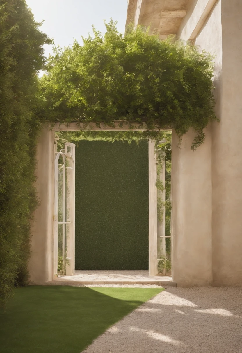 create a realistic photograph of a space 3 meters wide by 5 meters deep, closed on all four sides with a beige wall and the gate in the 3 meter wide wall at the bottom of the image, also in beige and completely closed . In this space, place grass, some foliage next to the wall and a jaboticaba tree in the center of the grass bed, diffuse daylight lighting, perfect details, ultra realistic, 16k, nikon d5600 camera