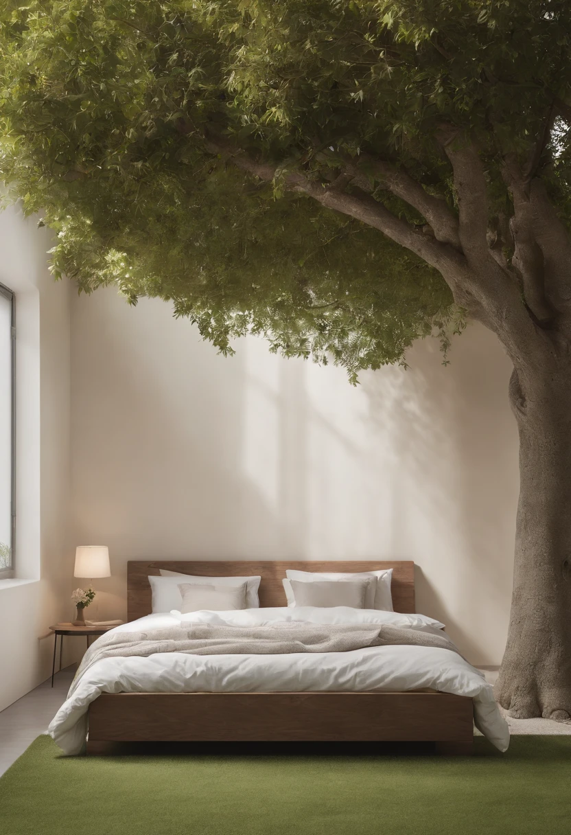 create a realistic photograph of a space 3 meters wide by 5 meters deep, closed on all four sides with a beige wall and the gate in the 3 meter wide wall at the bottom of the image, also in beige and completely closed . In this space, place grass, some foliage next to the wall and a jaboticaba tree in the center of the grass bed, diffuse daylight lighting, perfect details, ultra realistic, 16k, nikon d5600 camera