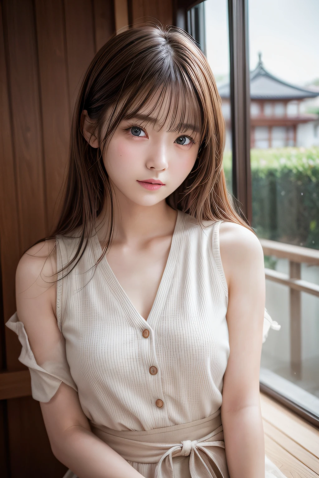 Top image quality、8K、masterpiece:1.3))、Realistic high-quality photos、top-quality、girl cute-fine face、20 years old beautiful Japan girl、Photo of slim model、Beautiful girl model、young japanese girl、Young cute face、japanaese girl、20-year-old female model、Beautiful Model Girl、The innocent look of the girl next door、lovely delicate face、Brown hair、Beautiful brown eyes、Tear bag、drooing eyes、Tasteful clothes