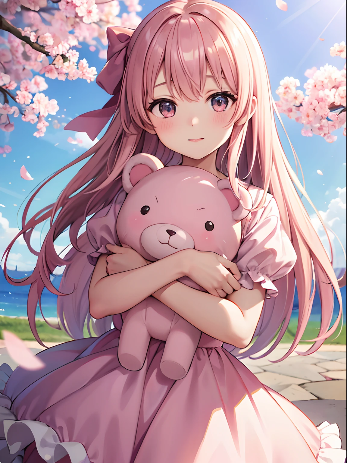 A photograph capturing a whimsical moment of a little girl in a pink dress, cradling a big teddy bear. The anime-inspired scene is filled with soft pastel hues, delicate cherry blossom petals dancing in the air, and a gentle breeze rustling the girl's hair. The girl's eyes twinkle with innocence and joy, masterpiece, high details, best quality, HD, realism, Nikon.