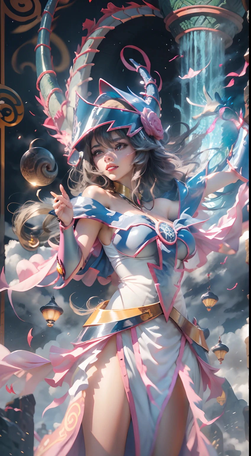The Chinese White Divine Dragon rose into the air,(Dark Magician Girl manipulates the dragon:1.3),(La chica maga oscura se pone de pie:1.3),pose de batalla. Lanzando echizos 1.4 Las nubes del cielo rodean los alrededores,magia de luz,fantastic background,Significado de fondo,Ridiculous background,There are artistic overlays,cabello rubio, surrealismo, cinematic lighting, Trazado de rayos, Luz de Dios, Speed Line, view angle, hiper HD, obra maestra, La mejor calidad, Super detail, A high resolution, alta calidad,(vista lejana:1.3)