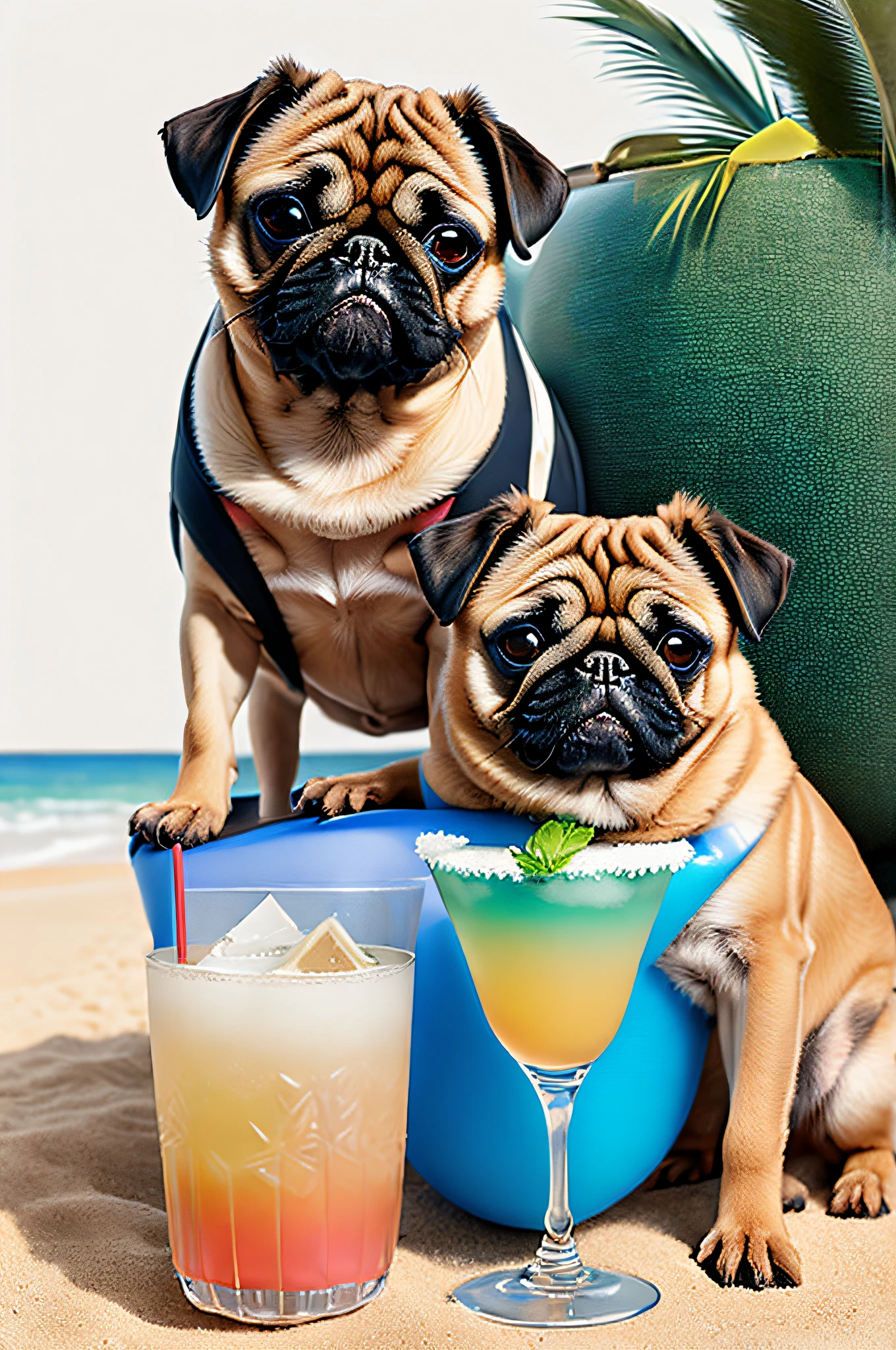 a small tan pug sitting next to a black pug with a white fur on its chest on the beach with cocktails, cute, 3d, line art, vector, graphic t-shirt style, colorful, tropical, white background