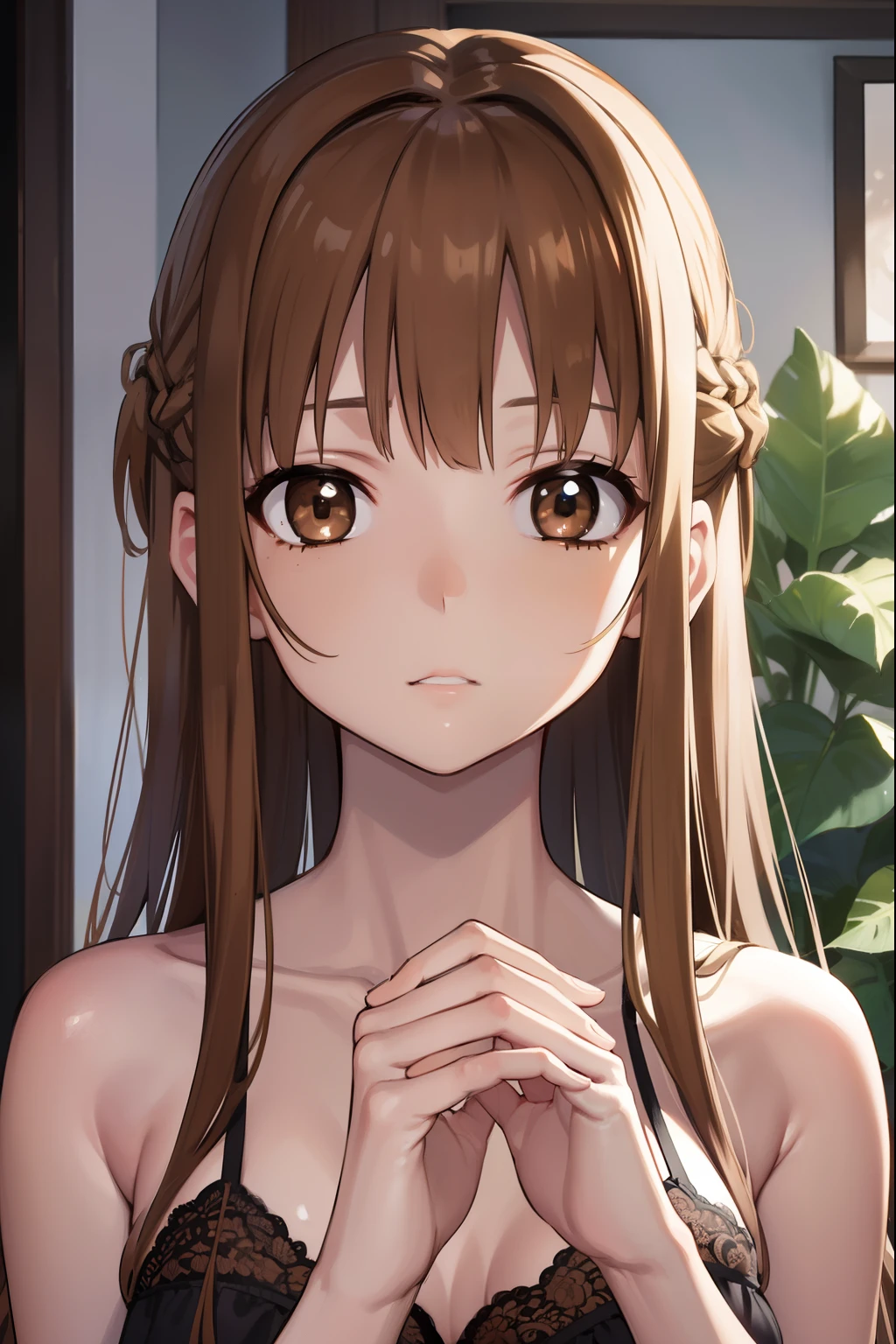 asunayuuki, asuna yuuki, long hair, brown hair, (brown eyes:2),
BREAK lingerie,
BREAK indoors, bedroom,
BREAK looking at viewer, BREAK (masterpiece:1.2), best quality, high resolution, unity 8k wallpaper, (illustration:0.8), (beautiful detailed eyes:1.6), extremely detailed face, perfect lighting, extremely detailed CG, (perfect hands, perfect anatomy),