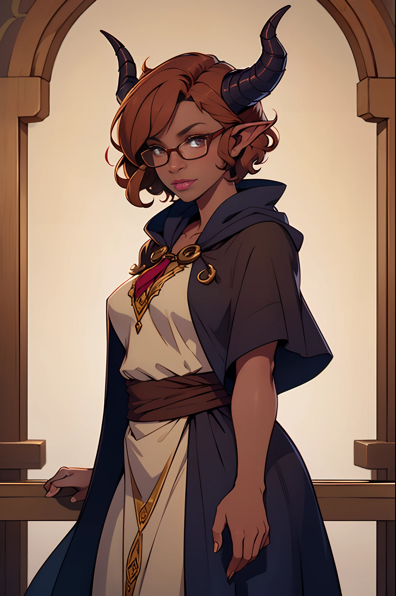 Solo, female, dark skin, curly hair, (((short hair))), light mahogany hair, lipstick, eyelashes, breasts, brown linen tunic, (navy cloak), glasses, fantasy village, (((tiefling, two horns)))