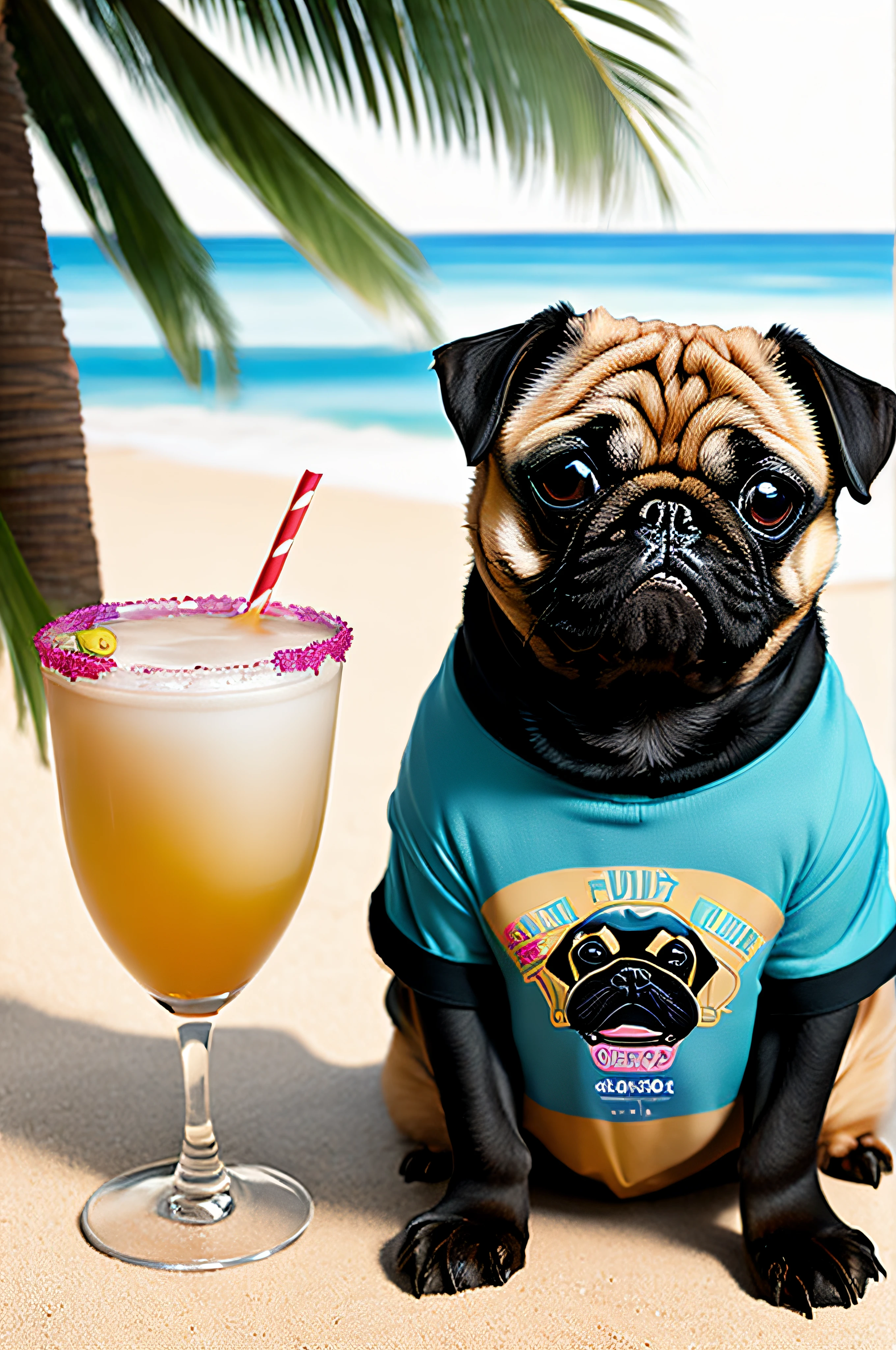 a small tan pug sitting next to a black pug with a white fur on its chest on the beach with cocktails, cute, 3d, line art, vector, graphic t-shirt style, colorful, tropical, white background