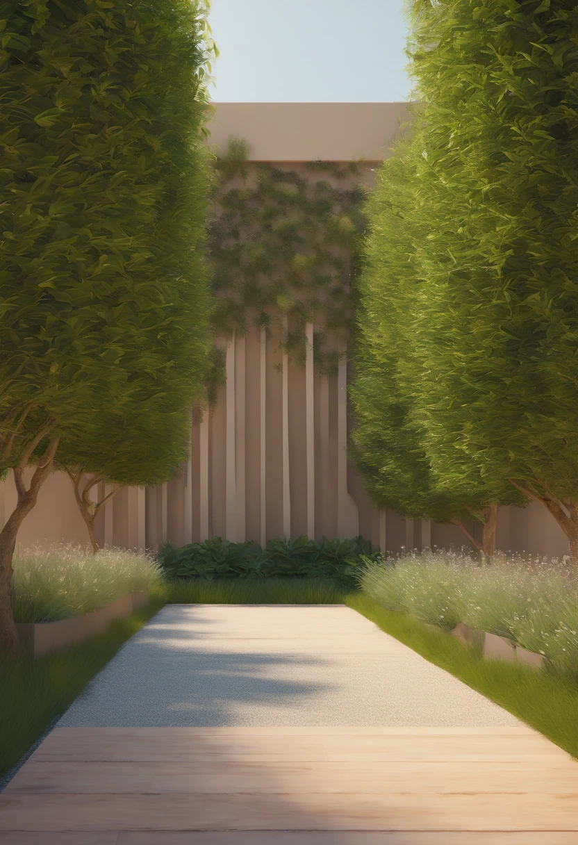 create a realistic photograph of a space 3 meters wide by 5 meters deep, closed on all four sides with a beige wall and the gate in the 3 meter wide wall at the bottom of the image, also in beige and completely closed . In this space, place grass, some foliage next to the wall and a jaboticaba tree in the center of the grass bed, diffuse daylight lighting, perfect details, ultra realistic, 16k, nikon d5600 camera