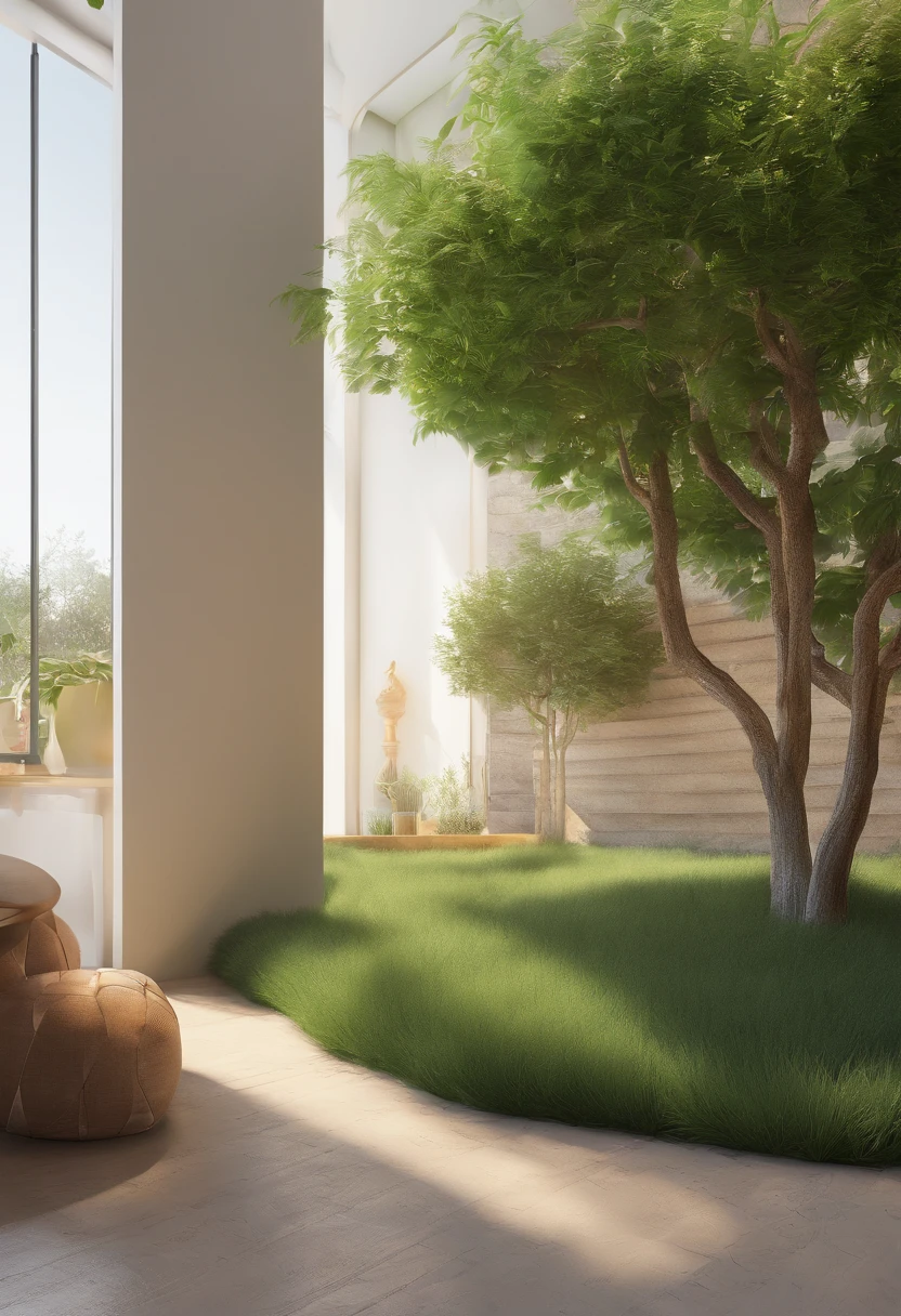create a realistic photograph of a space 3 meters wide by 5 meters deep, closed on all four sides with a beige wall and the gate in the 3 meter wide wall at the bottom of the image, also in beige and completely closed . In this space, place grass, some foliage next to the wall and a jaboticaba tree in the center of the grass bed, diffuse daylight lighting, perfect details, ultra realistic, 16k, nikon d5600 camera
