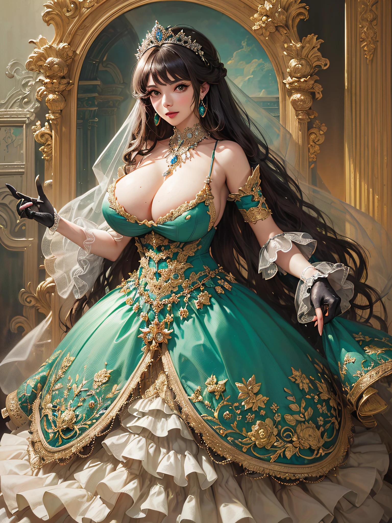 ((anime artstyle)),(Masterpiece),(Best Quality), (Super Detail),((Very Delicate and Beautiful)),cinematic lighting,1 girl,((full body portrait)),((standing in garden)),((solo)),(((1 fairytale princess in gorgeous embroidery and jeweled extremely gorgeous rococo princess ballgown with voluminous full length hoop skirt))),an hourglass waist,padded and corseted bodice,(((huge crinoline hoopskirt))),long train,((gorgeous embroidery and jeweled)),voluminous frills,See-through,(((extremely gigantic ,skindentation))),cleabsurdly Long Straight Hair,extremely voluminous Straight long Hair,absurdly Long Straight Hair)),(finely detailed face and eyes),clear pupil,extremely gorgeousfull hair ornament,(bling-bling jeweled extremely gorgeousfull tiara),((bling-bling gorgeous gemstone jewelry)),gorgeous long veil,((ultra long gloves)),(beautiful background),(full body),((gorgeous embroidery and jeweled extremely gorgeous rococo princess ballgown with voluminous full length hoop skirt))