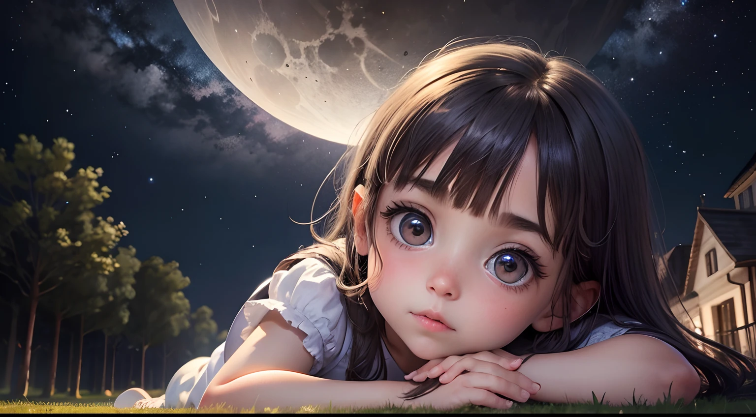 Uma imagem de Luna, A  with bright eyes and curious expression, Lying on the lawn looking up at the starry sky