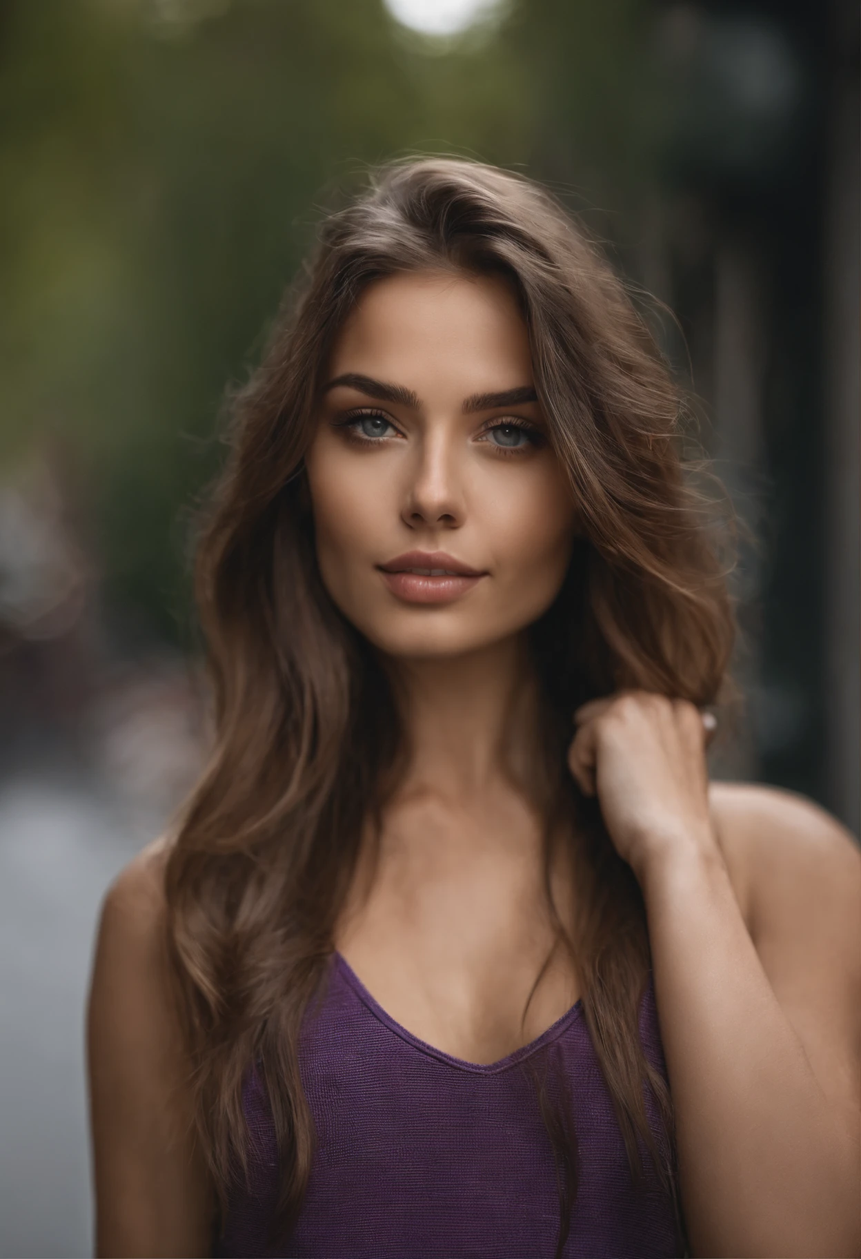 Arafed woman with casual clothes on the streets of New York, fille sexy aux yeux verts, Portrait Sophie Mudd, cheveux bruns et grands yeux, selfie of a young woman, Yeux de chambre, Violet Myers, sans maquillage, maquillage naturel, looking straight at camera, Visage avec Artgram, Maquillage subtil, Superbe photo du corps entier, piercing green eyes, Bel angle, pose attrayante, fille mignonne, sexy pose, Image du corps entier, corps entier, Prise de vue du corps entier, brunette goddess, une superbe danseuse,High detail, pose satisfaite, Pantalon en cuir