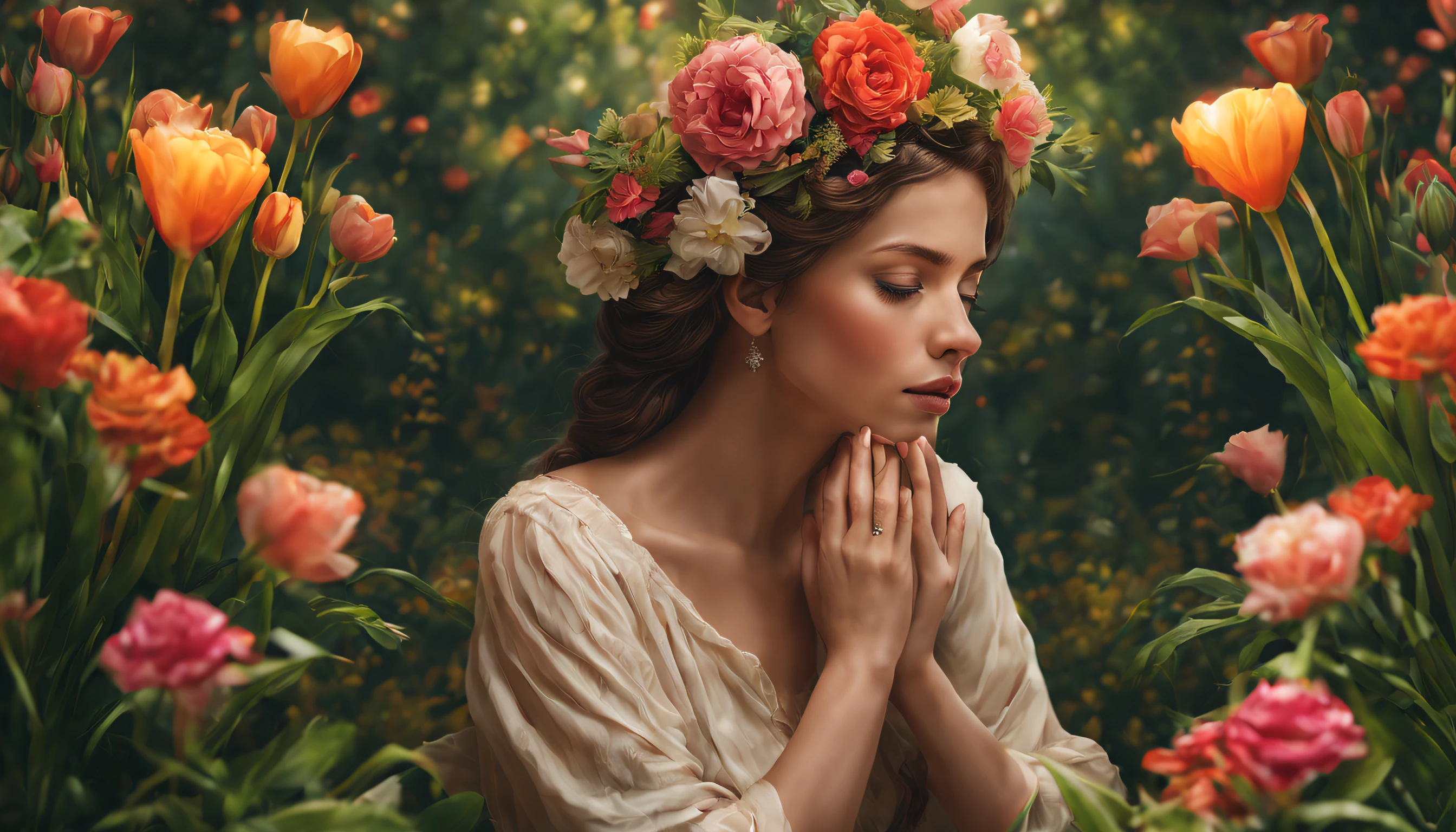 (best quality,4k,8k,Altas,master part:1.2),ultra-detalhado,(Realistic,fotorrealista,photo-realistic:1.37),HDR,UHD,studio lighting,foco nítido,Physically-based rendering,extreme detail description,profissional,vivid colors,Bokeh, Retratos, paisagem
Uma pessoa sentada em uma cadeira, with hands together in prayer, surrounded by lush vegetation and colorful flowers. The chair is made of intricately carved wood and adorned with soft, plush pillows, providing a comfortable and serene environment. The person's hands are gently clasped, interlaced fingers, conveying a sense of deep spiritual connection.
Nature background is a picturesque scene, With the sunlight streaming through the tall trees, Creating Shadows on the Ground. The person is surrounded by vibrant flowers, incluindo rosas florescentes, Margaridas, e tulipas, adding a burst of color to the scene.
The person's face is exquisitely detailed, com olhos lindamente moldados refletindo um olhar tranquilo. O rosto brilha com um suave, luz quente, enhancing the overall atmosphere of tranquility. O cabelo da pessoa flui elegantemente, swaying gently in the gentle breeze.
The overall image quality is of the highest level, com os melhores detalhes meticulosamente capturados. each petal of flowers, Every leaf on the trees, And every strand of hair is rendered with precision and clarity, showcasing the extraordinary skill of the artist.
The color palette is carefully chosen to create a harmonious and visually pleasing composition. Soft pastels dominate the scene, giving you a serene and peaceful atmosphere. Colors are subtly enhanced to create a dreamlike quality, adding to the overall ethereal feel of the image.
The lighting in the scene is expertly crafted, with studio lighting techniques used to create a sense of depth and dimension. The interplay between light and shadow adds a touch of drama, melhorar ainda mais o impacto geral da imagem