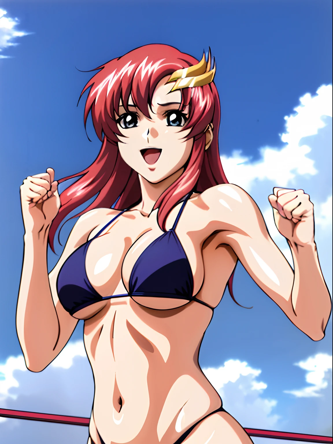 (masterpiece, upper body view, 4K, Best Quality, Anime style: 1.9,, Adult Woman, ultra detailed face, (cloud background, wrestling), Drawing lines, high resolution, Anime, lacus4), 1girl, Solo, curvy figure, Long hair, 鎖骨, scapular, (Detailed wide hair bangs, Hair Ornament, Detailed reddish-pink hair, golden crest), cleavage, large hands, (female wrestler). (Big blue eyes, shiny eyes), ((female wrestler, little biceps, slender body, broad shoulders, closed fists)), ((perfect proportions, , long belly)), (((micro , pink wrestling gear, champion))), happy, smile, open mouth, (belly dancing, looking at the viewer), , showing off underarm, (elegant lady), random pose, leaning backward, lying on floor