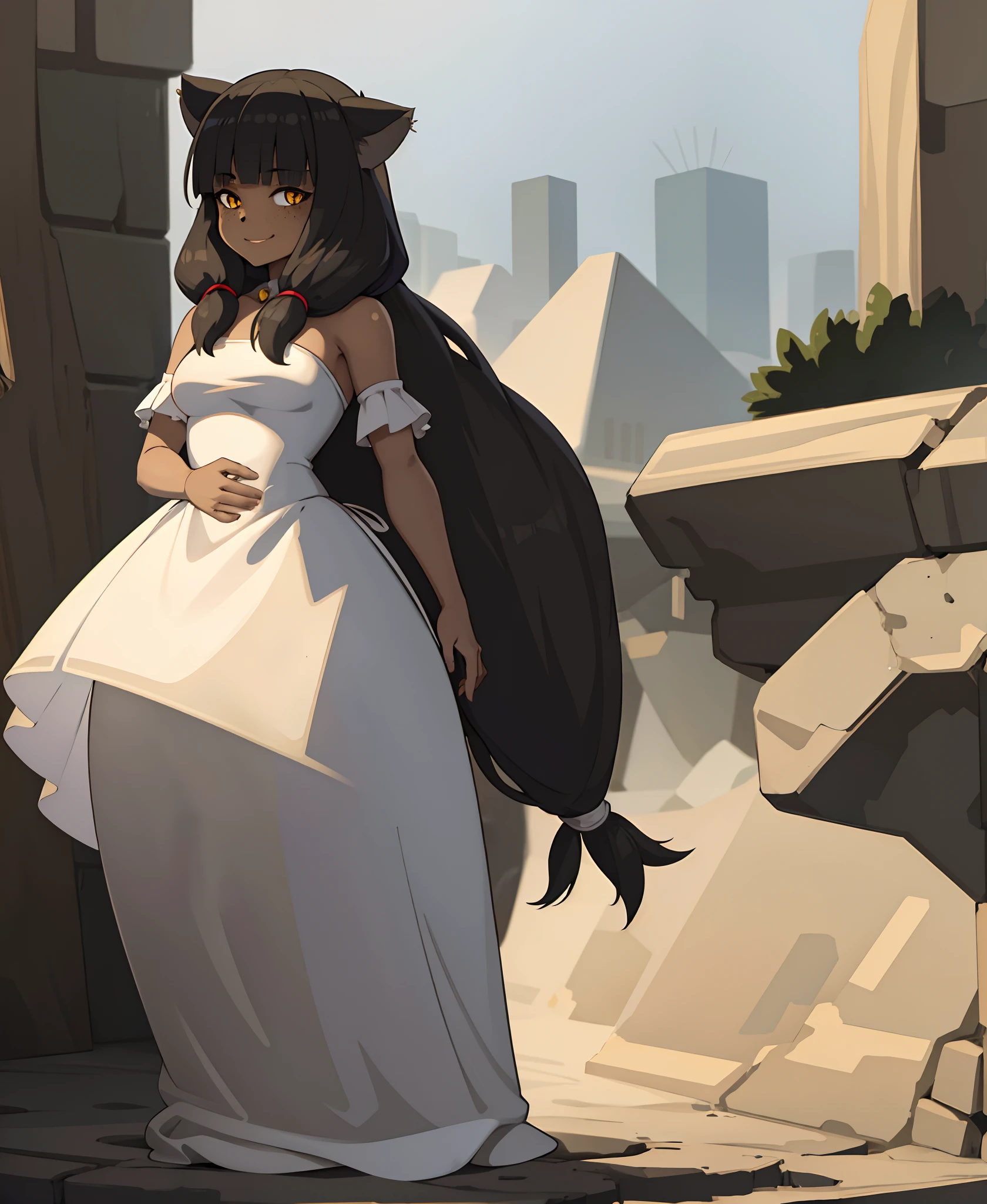 1girl, dark skin, smile, cat ears, bangs, long hair, freckles, full body, princess dress, princess skirt