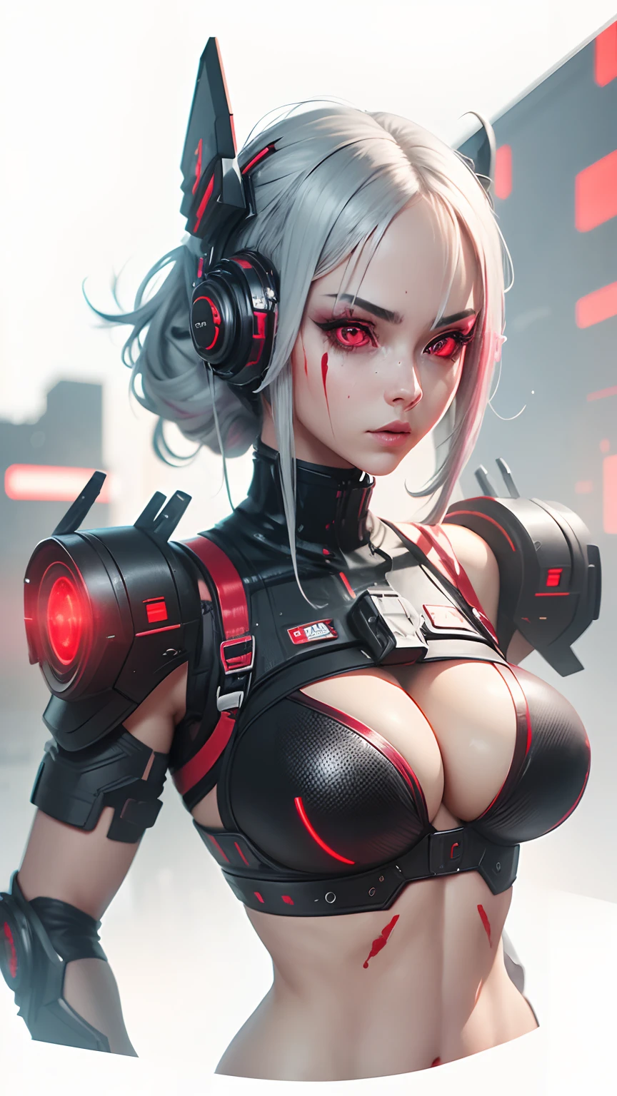 A girl with futuristic mask, Gray hair, red eyes, bloodlust eyes, Big breast, Futuristic Tanktop, Black&red Bra, Sexy, cyberpunk theme, cybergirl, Red LED light effect, blurr effect, Amazing, best quality, highly resolution, Realistic, extremely detailed, 8k