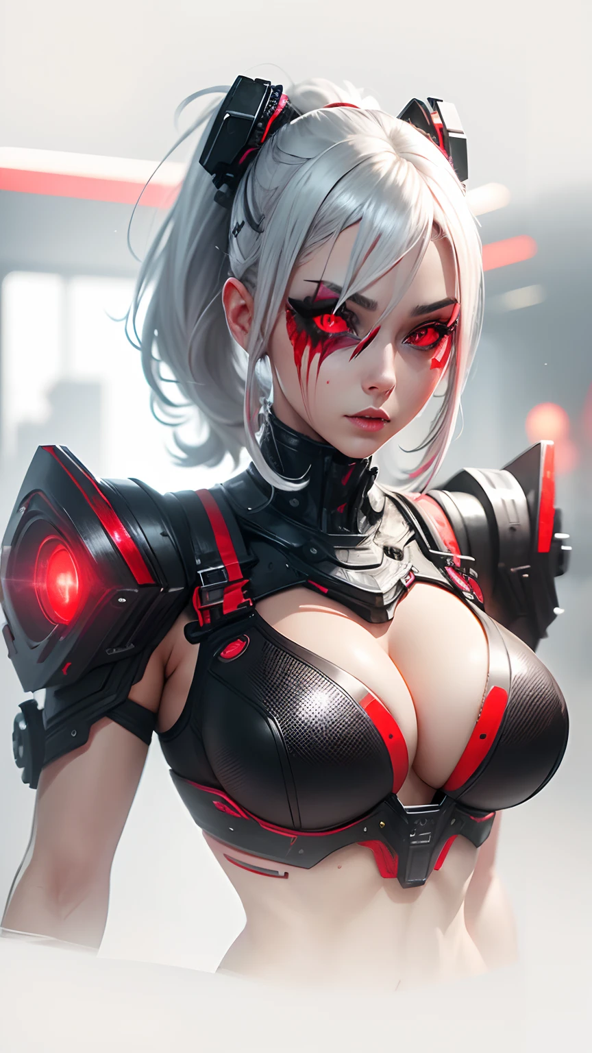 A girl with futuristic mask, Gray hair, red eyes, bloodlust eyes, Big breast, Futuristic Tanktop, Black&red Bra, Sexy, cyberpunk theme, cybergirl, Red LED light effect, blurr effect, Amazing, best quality, highly resolution, Realistic, extremely detailed, 8k
