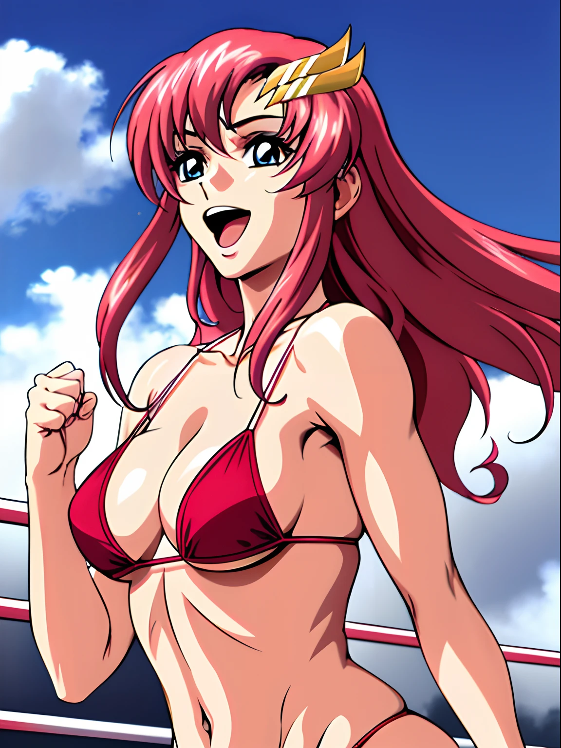 (masterpiece, side view, 4K, Best Quality, Anime style: 1.9,, Adult Woman, ultra detailed face, (cloud background, wrestling), Drawing lines, high resolution, Anime, lacus4), 1girl, Solo, curvy figure, Long hair, 鎖骨, scapular, (Detailed wide hair bangs, Hair Ornament, Detailed reddish-pink hair, golden crest), cleavage, large hands, (female wrestler). (Big blue eyes, shiny eyes), ((female wrestler, little biceps, slender body, broad shoulders, closed fists)), ((perfect proportions, medium breasts, long belly)), (((micro bikini, pink wrestling gear, champion))), happy, smile, open mouth, (belly dancing, looking at the viewer), , showing off underarm, (elegant lady), random pose, leaning backward, lying on floor