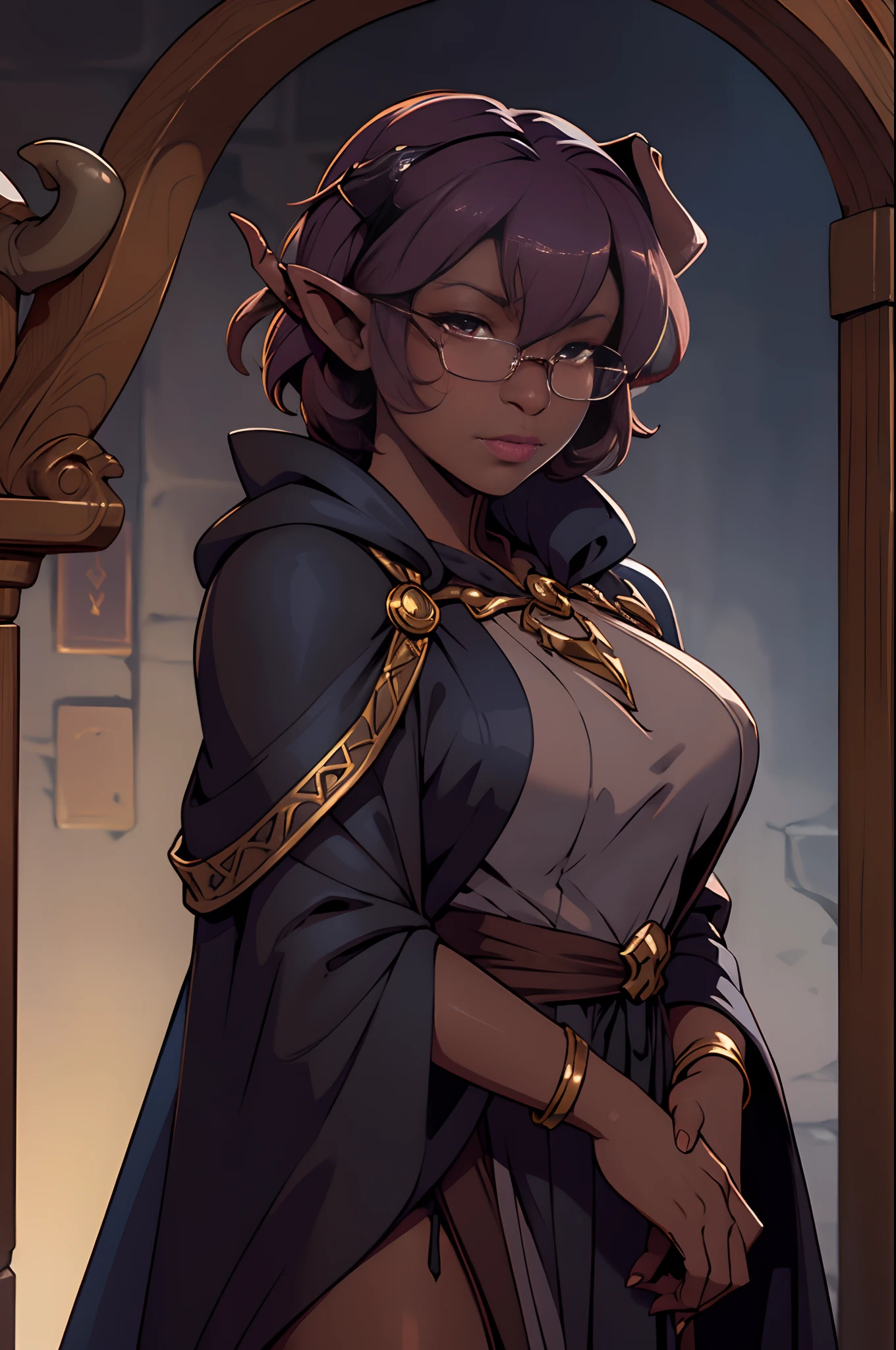 Solo, female, dark skin, curly hair, (((short hair))), light mahogany hair, lipstick, eyelashes, breasts, black linen tunic, (navy cloak), glasses, fantasy village, (((tiefling))), (((two horns)))
