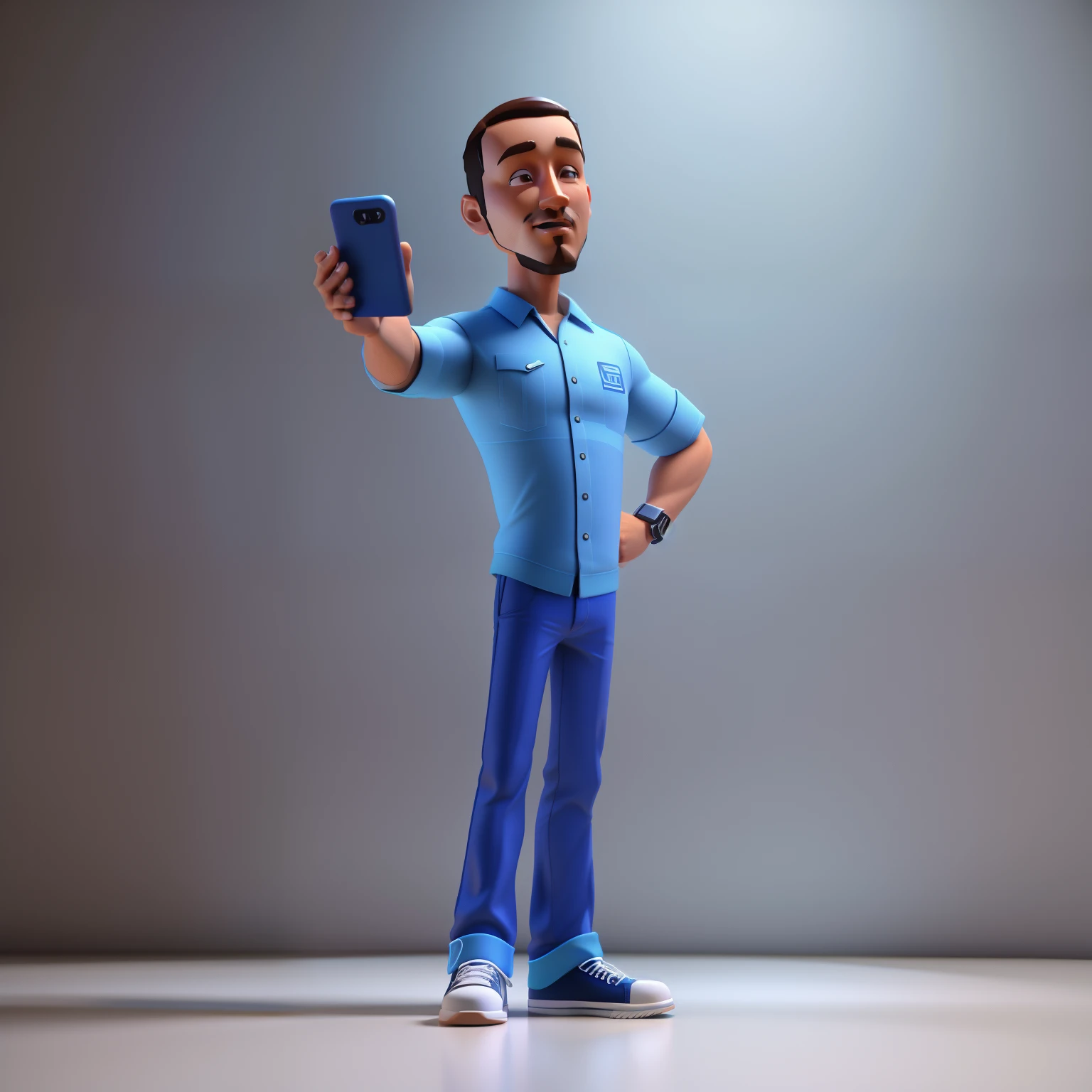 Homem dos desenhos animados na camisa azul segurando um telefone celular, he is holding a smartphone, promotional render, Arnold Maya render, Maxwell render, Personagem 3D, Personagem 3D, 3 d character render, para alugar artista 3d, 3 d illustration, 3 d illustration, Personagem altamente detalhado, Pose de personagem, personagem de desenho animado, Described as a 3D rendering, toon render keyshot