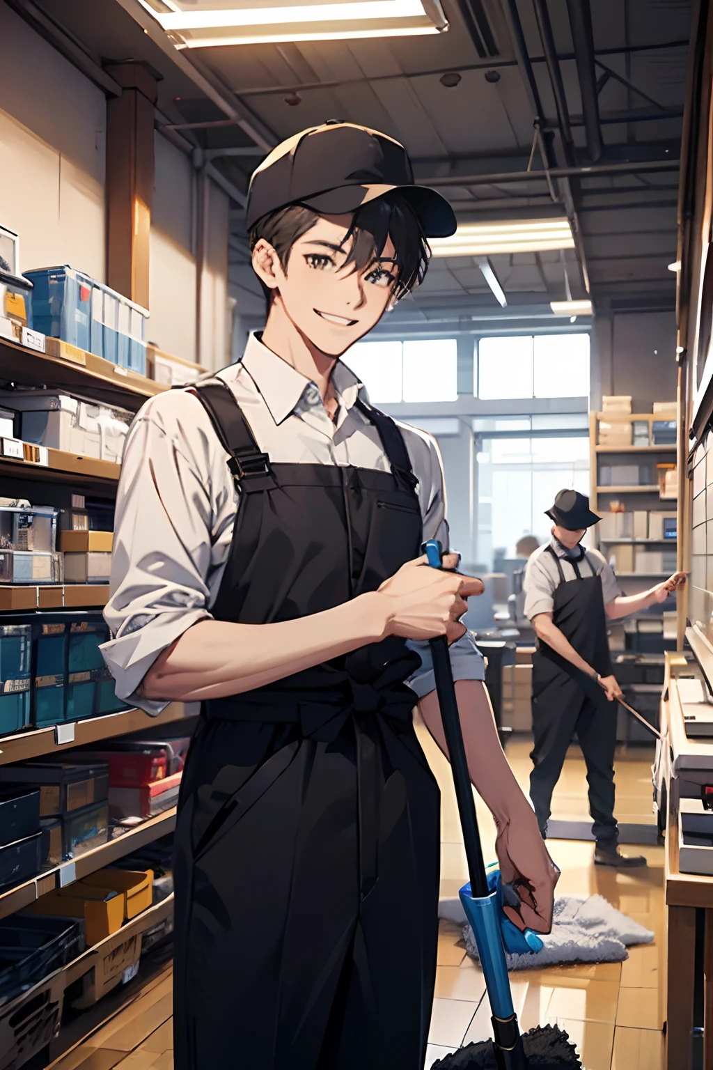 1 male、Workers cleaning the office、smiling male、The upper part of the body、makina、Lots of tools、No text、Hats、factories、Cleaning