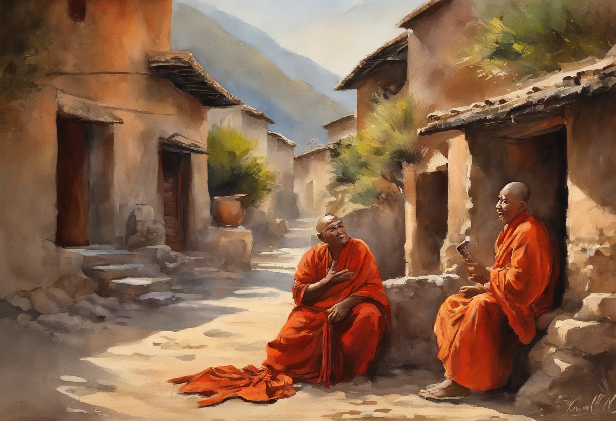 master part, Qualidade Superior, best quality, Arte Oficial, Beautiful and Aesthetic: 1.2), Illustration of 3 Tibetan monks laughing in a village, parte superior do corpo, master part, best quality, alta qualidade, high resolution, 16k, .RAW, Ultra high resolution, Ultra Detalhes, detalhes finos, uma sombra real extremamente delicada, extremamente detalhado, anime, pintura altamente detalhada, pintura glamorosa premiada, Pintura maravilhosa, estilo de arte, Estilizado