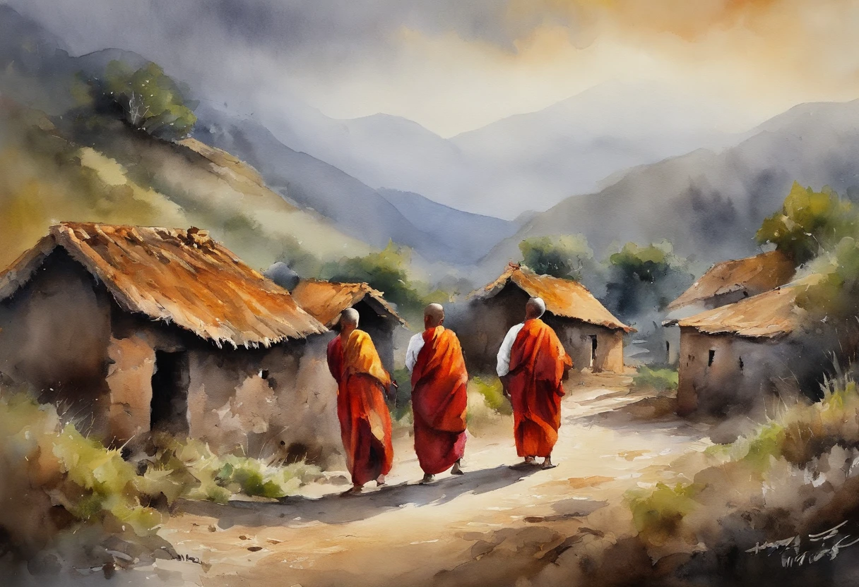 master part, Qualidade Superior, best quality, Arte Oficial, Beautiful and Aesthetic: 1.2), Illustration of 3 Tibetan monks laughing in a village, parte superior do corpo, master part, best quality, alta qualidade, high resolution, 16k, .RAW, Ultra high resolution, Ultra Detalhes, detalhes finos, uma sombra real extremamente delicada, extremamente detalhado, anime, pintura altamente detalhada, pintura glamorosa premiada, Pintura maravilhosa, estilo de arte, Estilizado