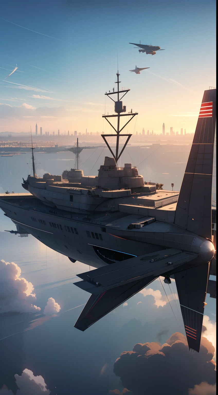 Flying battleship in the air，Air battleship airship，The cabin and bottom are inverted，With the sky and the city as the background，Middle Ages style，Ballista，Cyberpunk steam style