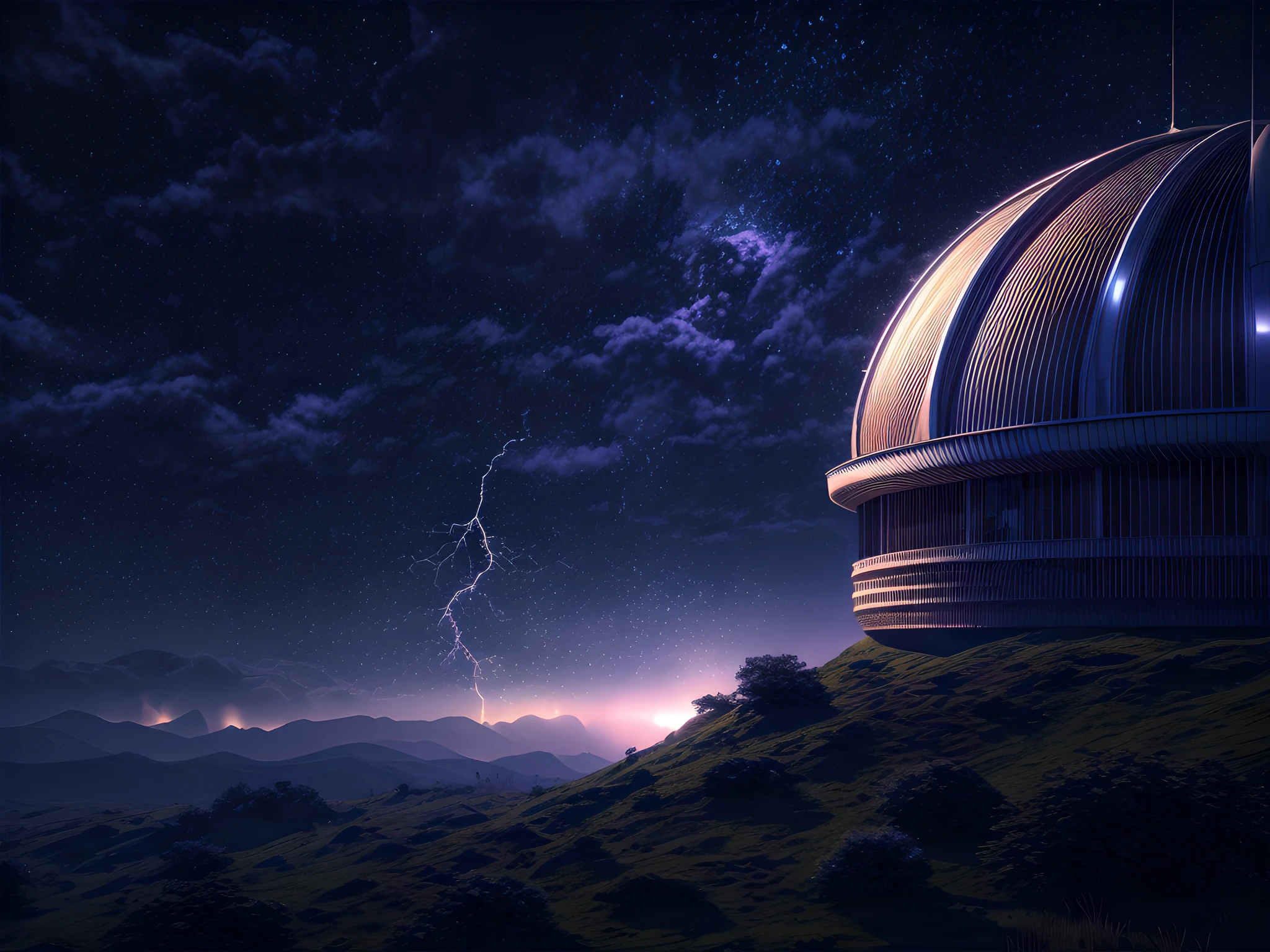 an award winning picture, RAW, Photograph magazine quality, photorealism, picture of a planetarium at night, you see the (planetarium: 1.5) the planetarium is a modern built, latest technology, Nקם Gothic building, ant the epic sized (telescope: 1.3), many windows, some windows, are lit, the building stands on a grassy hill, its night time and its  stormy, there is lightning  in the sky, no moon, but many stars in the sky, dynamic background 16K, RAW, ultra wide shot, photorealism, depth of field, hyper realistic, 2.5d rendering,