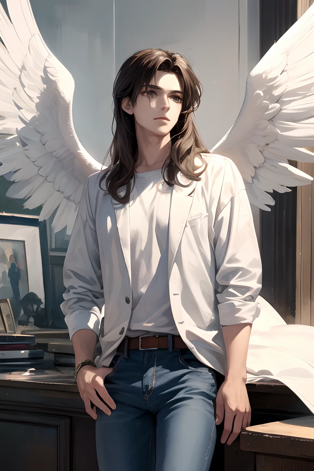 Alafed woman with wings on her head standing in front of the window, young wan angel, full - body majestic angel, winged boy, Winged Humans, delicate androgynous prince, handsome guy in demon slayer art, the angel's wings, tall anime man with blue eyes, one white winged, in the art style of bowater, Angelic, wearing angel, of beautiful angel