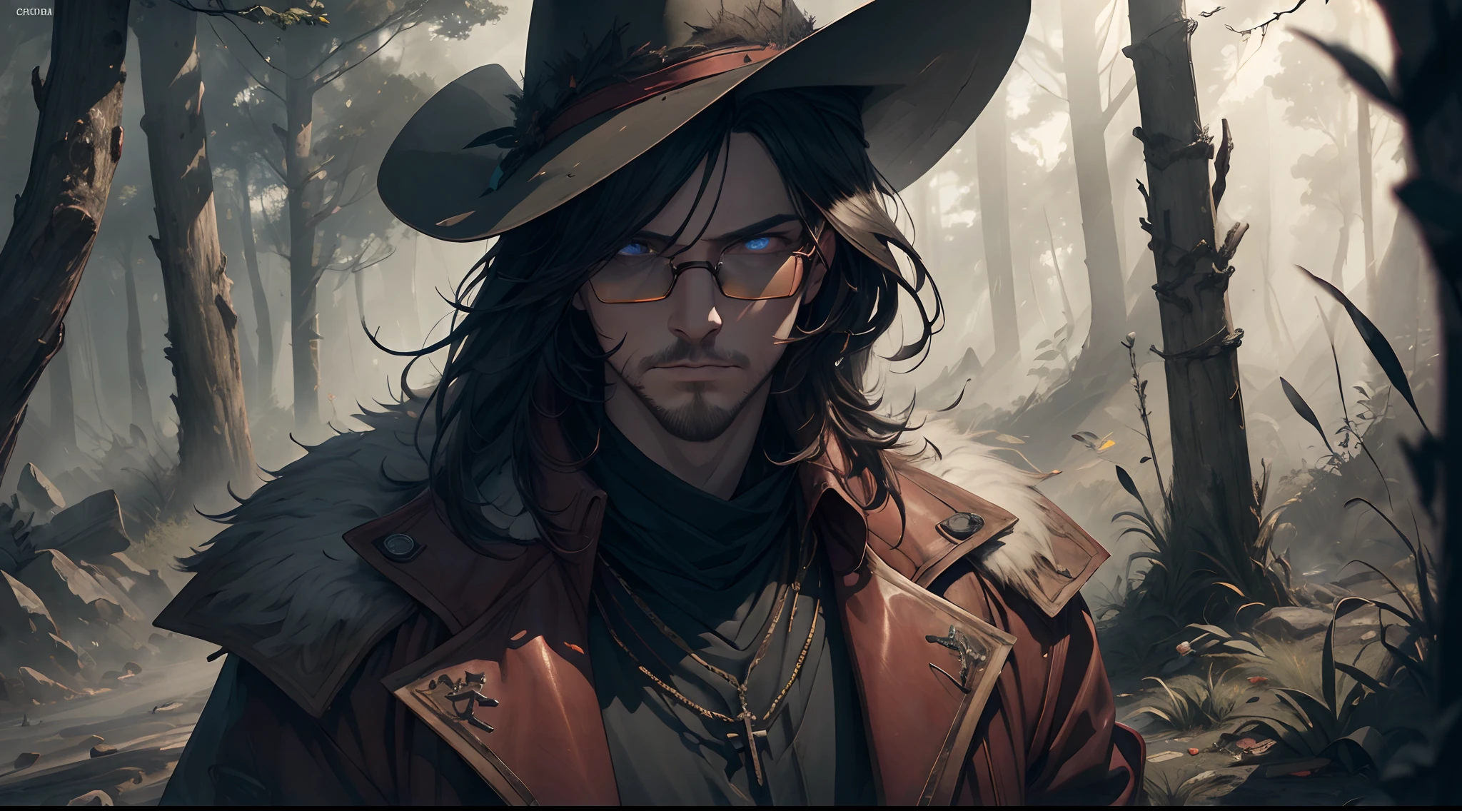 (best quality,4k,8k,highres,masterpiece:1.2),ultra-detailed,(realistic,photorealistic,photo-realistic:1.37),one man,hunter clothes,long red jacket,red cowboy hat,round yellow glasses,long black hair,little crucifix,leather boots,dusty environment,dense forest,wilderness,vibrant colors,sunlight streaming through the leaves,foreboding atmosphere,determined expression,sharp focus,moody lighting.