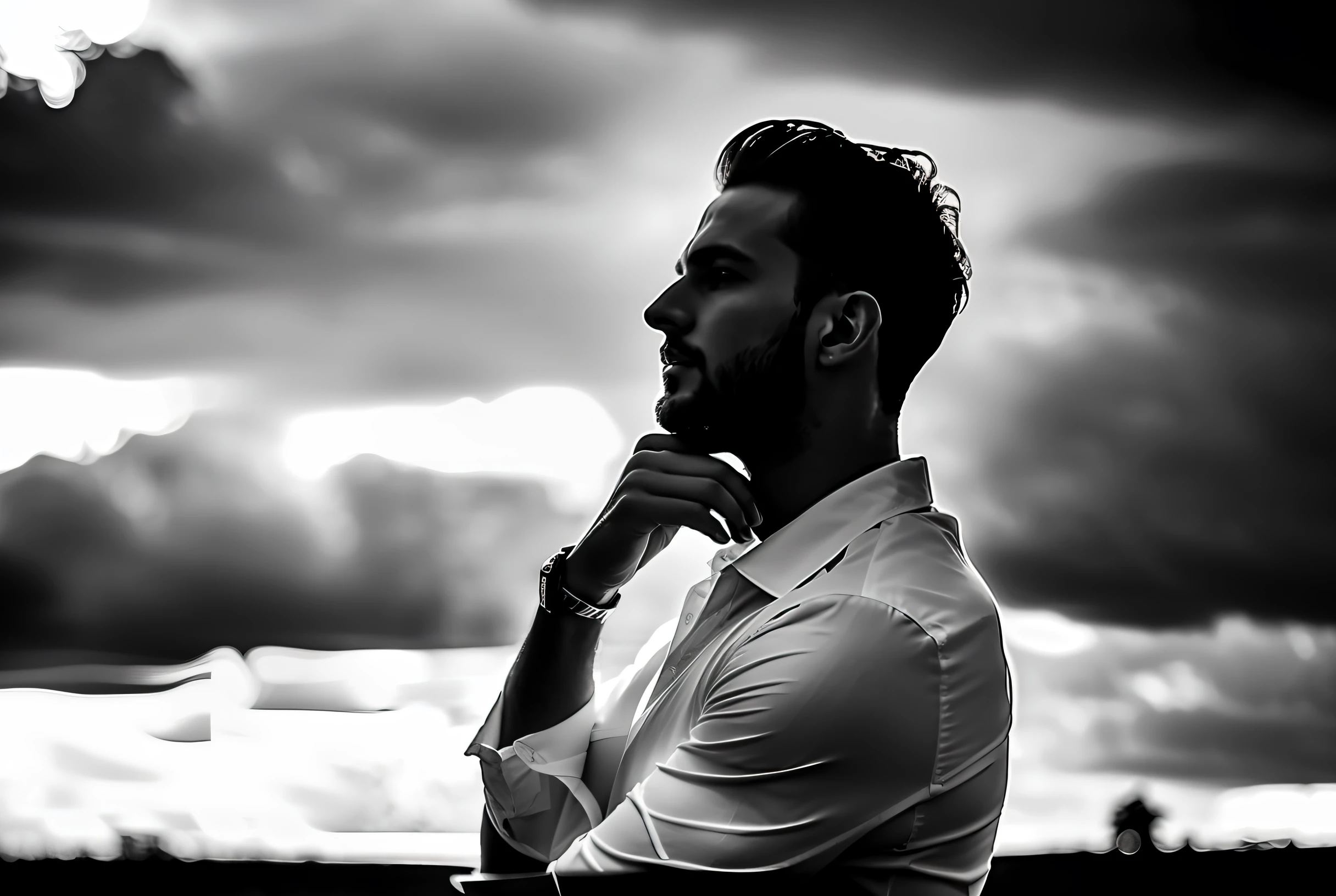 Man in black and white looking up at the sky, photo of a white man, side profile portrait, a man's profile, side profile waist up portrait, side profile cenetered portrait, side profile centered portrait, atmospheric portrait, black and white portrait, profile posing, backlit portrait, ((( Black clothes)))