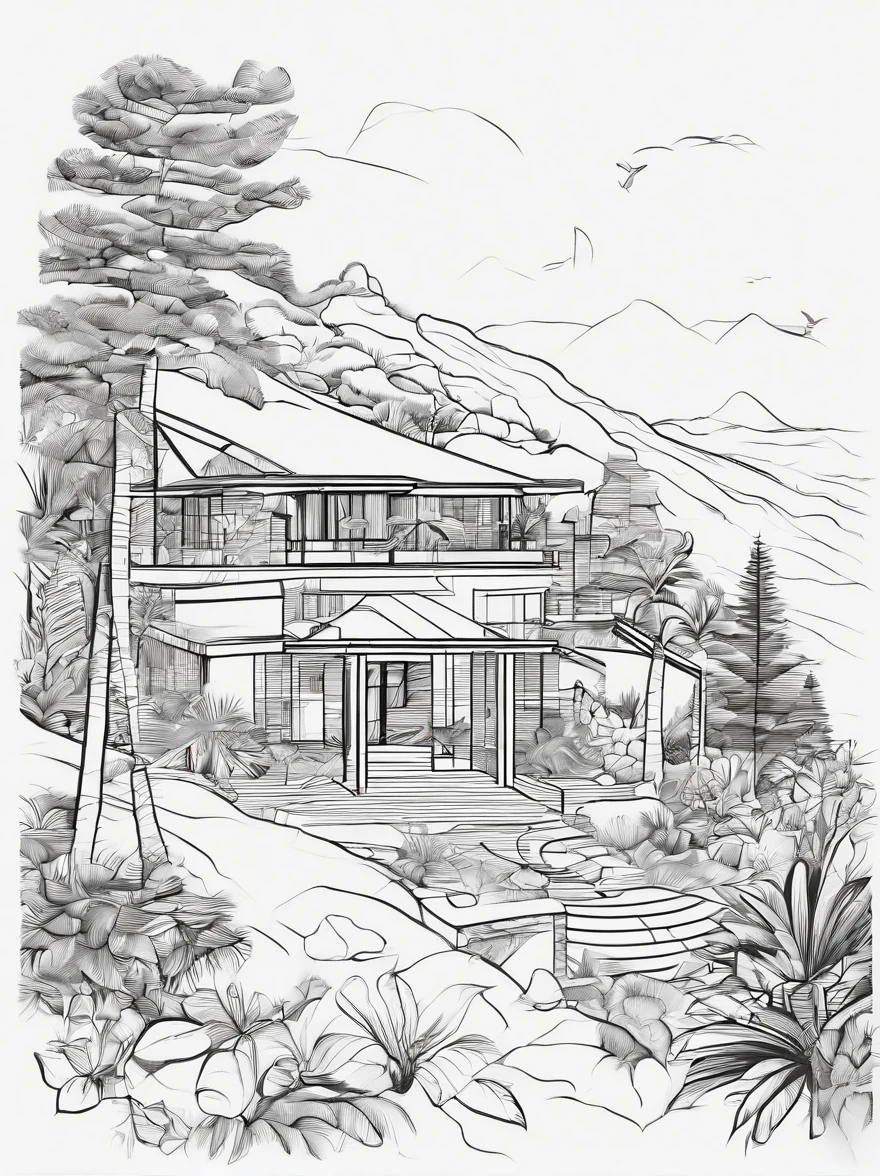 uma pousada na montanha, entrada da pousada, pousada bonita, pousada de madeira, quarto da pousada, frio, altitude, desenho vetorial, desenho, preto e branco