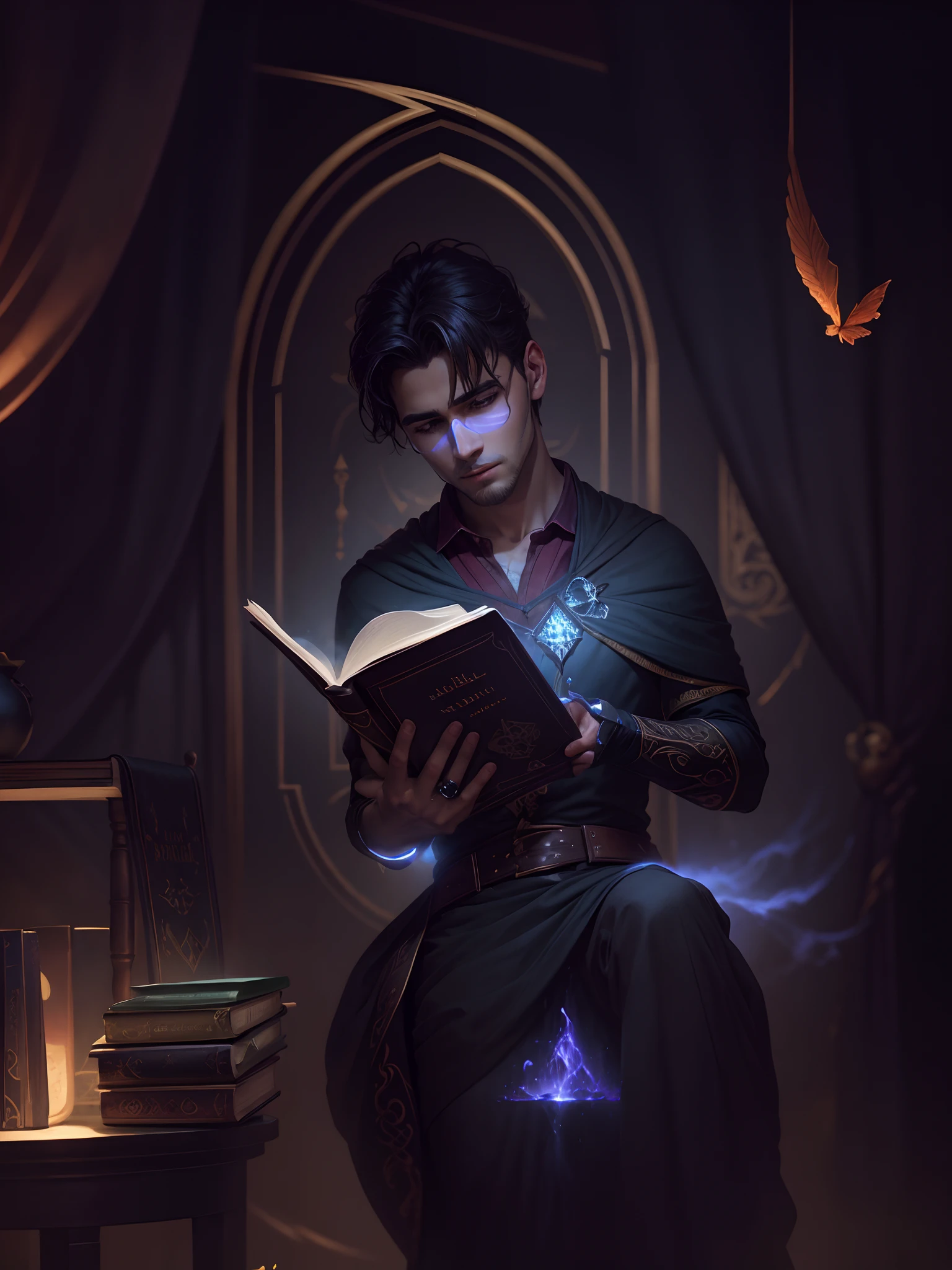 Background change into dark magical laibery and glowing books fly all over with environment of darkness magic handsome boy realistic photo 8k realistic photo