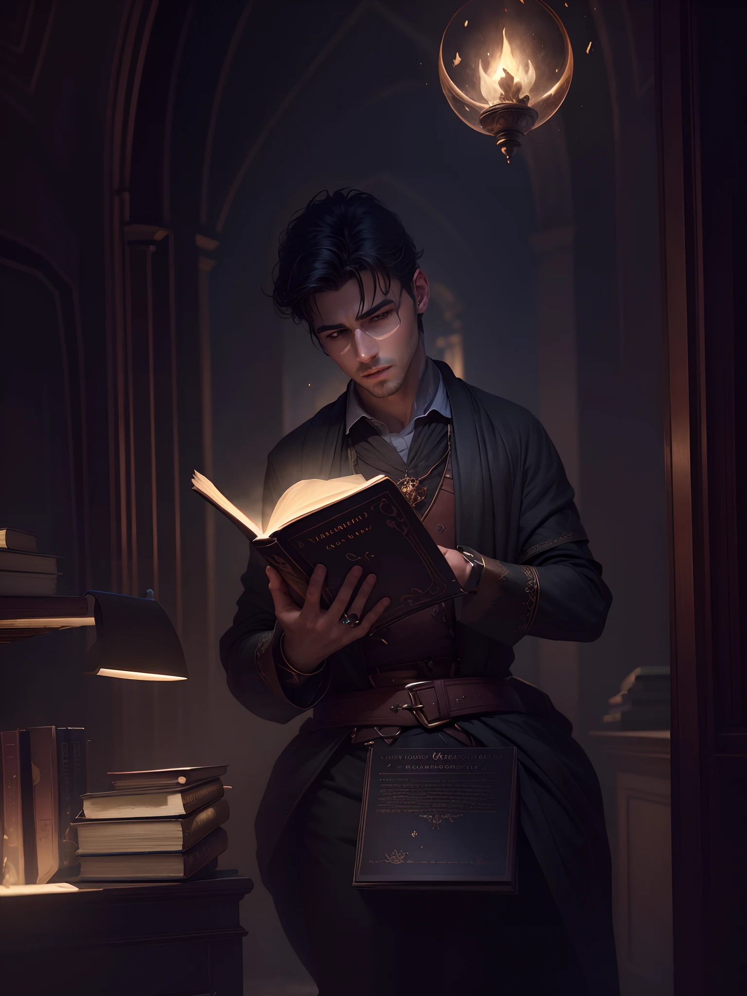 Background change into dark magical laibery and glowing books fly all over with environment of darkness magic  handsome boy realistic photo 8k realistic photo