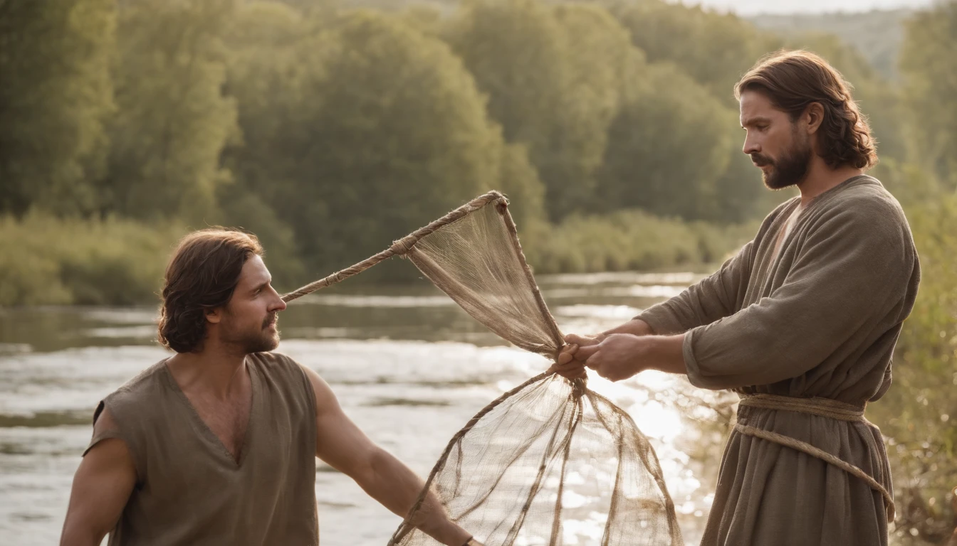 Character David from the Bible, looking at me throwing a fishing net into the river, perfect proportions, Centered image, visually rich, cinematic, Mschiffer, Wallpaper art, uhd wallpaper, ultra sharp focus