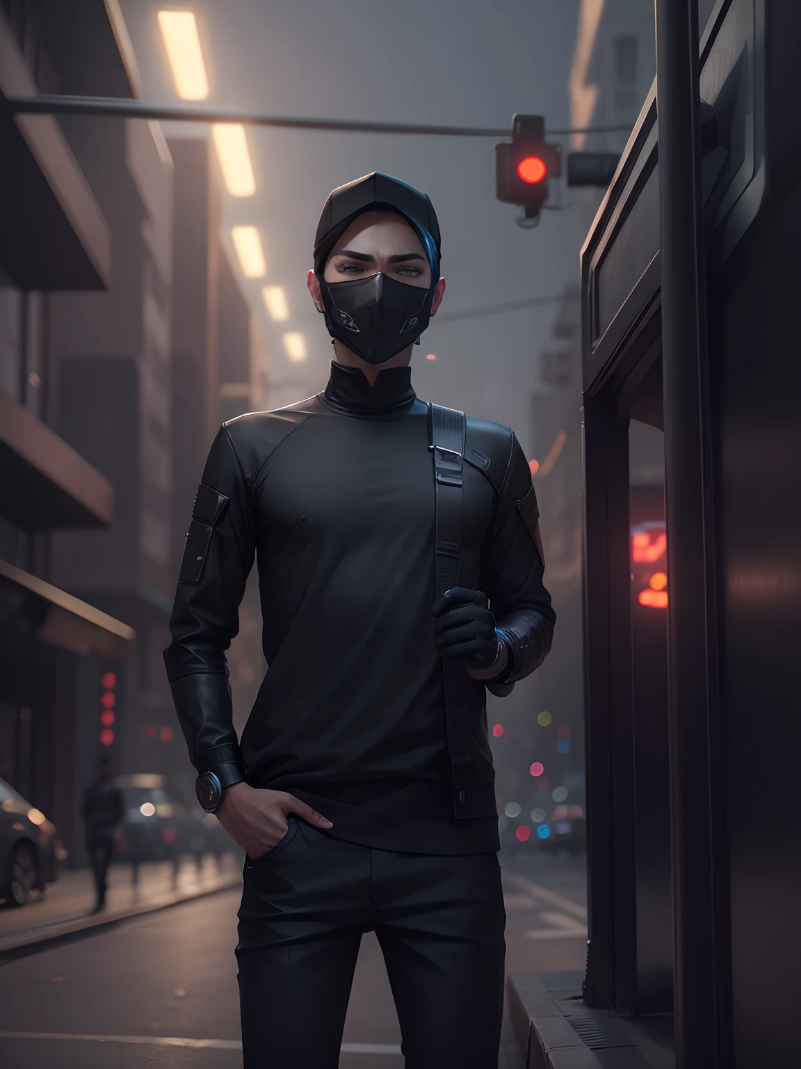 Change background car cyberpunk , handsome boy, realistic face,black cap on hair, black mask on face, 8K, ultra realistic