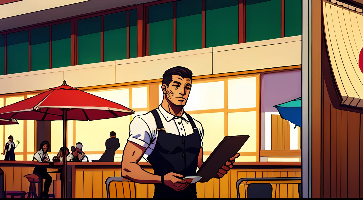 A waiter is standing next to a table serving a customer in a food court of a shopping mall . Estilo arte conceitual