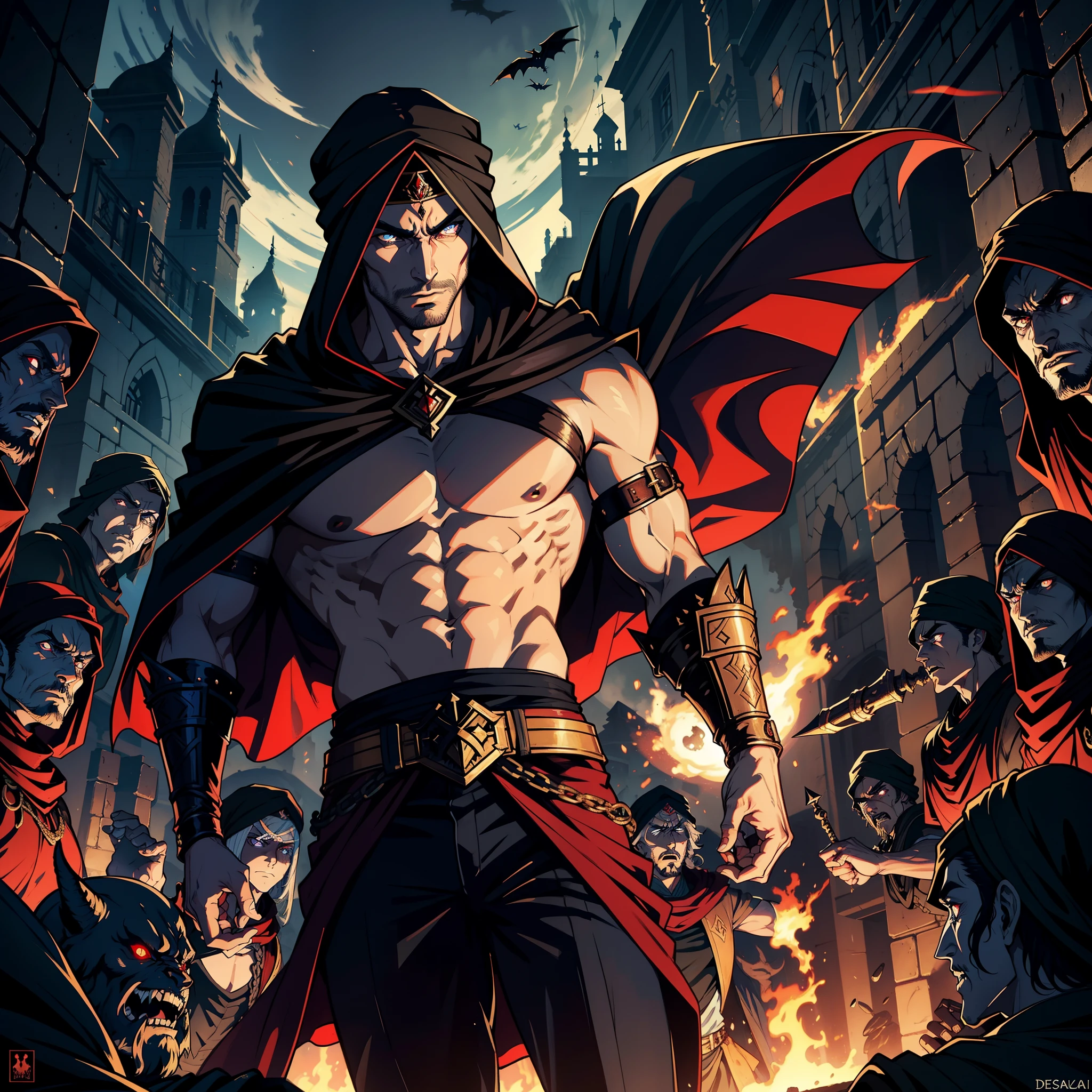 Castlevania Hyper Realistic Shadow Lord Super Detailed Dynamic Shot Master Piece of Lord Dracula Medieval Arab Warrior with Red Turban Scary Face Hokuto No Ken Structure Muscular Face Kenshiro in the Desert Thunderstorm Thunderstorm Legendary Moroccan Epic Battle Surrounded by Demons and 3 Scary Demons Speaking of old rolls Cinematic Scenes Epic Movie Hyper Realistic Movie Legendary Movie Epic Movie Epic Movie Epic Movie Epic Movie Movie Enlarged Movie 3D Bottom Angle View