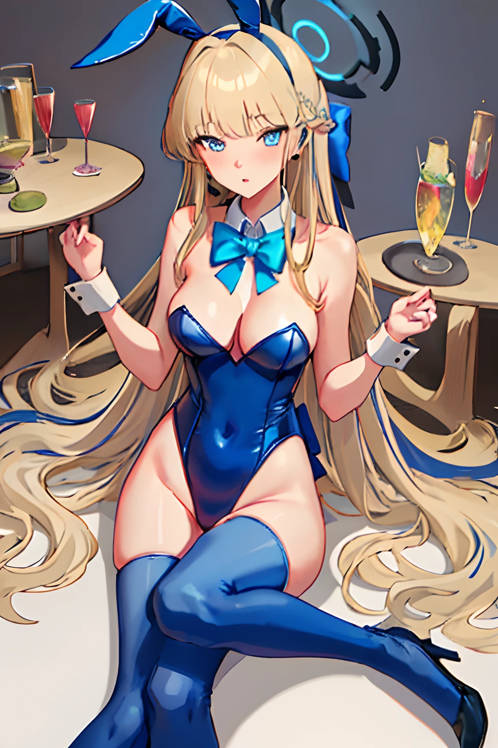 best quality, masterpiece, highres, solo, {toki_bluearchive:1.15}, blonde_hair, blue_eyes, bangs, bow, halo, blue_bow, bowtie, blue_bowtie, braid, breasts, long_hair, closed_mouth, animal_ears, fake_animal_ears, rabbit_ears, blush, v, earpiece, 1girl, alternate_costume, bare_shoulders, blue_leotard, detached_collar, highleg, leotard, looking_at_viewer, medium_breasts, playboy_bunny, simple_background, strapless, strapless_leotard, white_background, wrist_cuffs, cleavage, highleg_leotard, parted_lips, thighhighs, very_long_hair, white_thighhighs, hair_bow