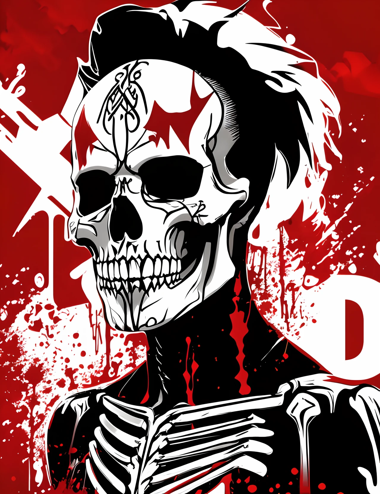 Create design of a human beast, human beast half body is skeleton and half human body, bloods liquid everywhere, clean background, logo design, vibrant, graffiti