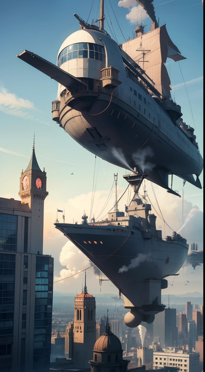 Flying battleship in the air，Air steam airship，Castle moving in the air，The cabin and bottom are inverted，With the sky and the city as the background，Middle Ages style，Ballista，Cyberpunk steam style
