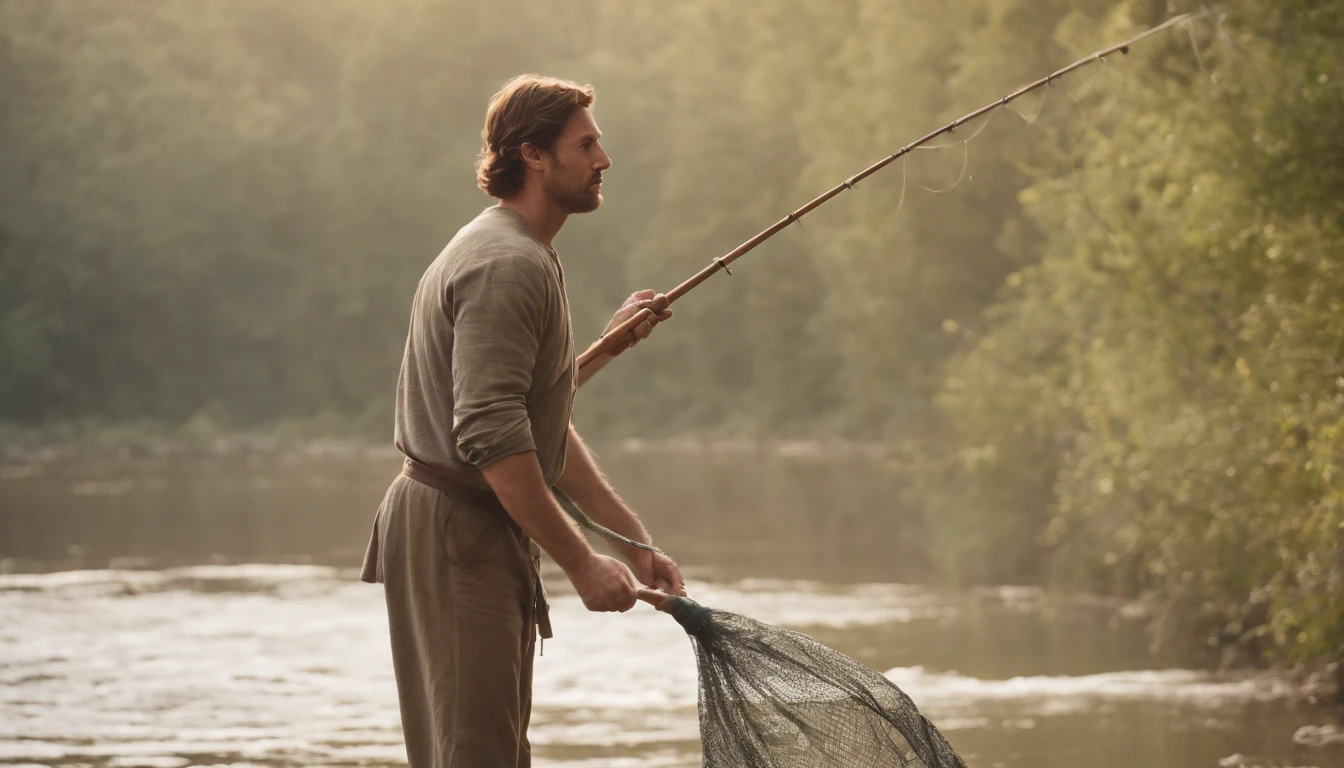 Character David from the Bible, looking at me throwing a fishing net into the river, perfect proportions, Centered image, visually rich, cinematic, Mschiffer, Wallpaper art, uhd wallpaper, ultra sharp focus