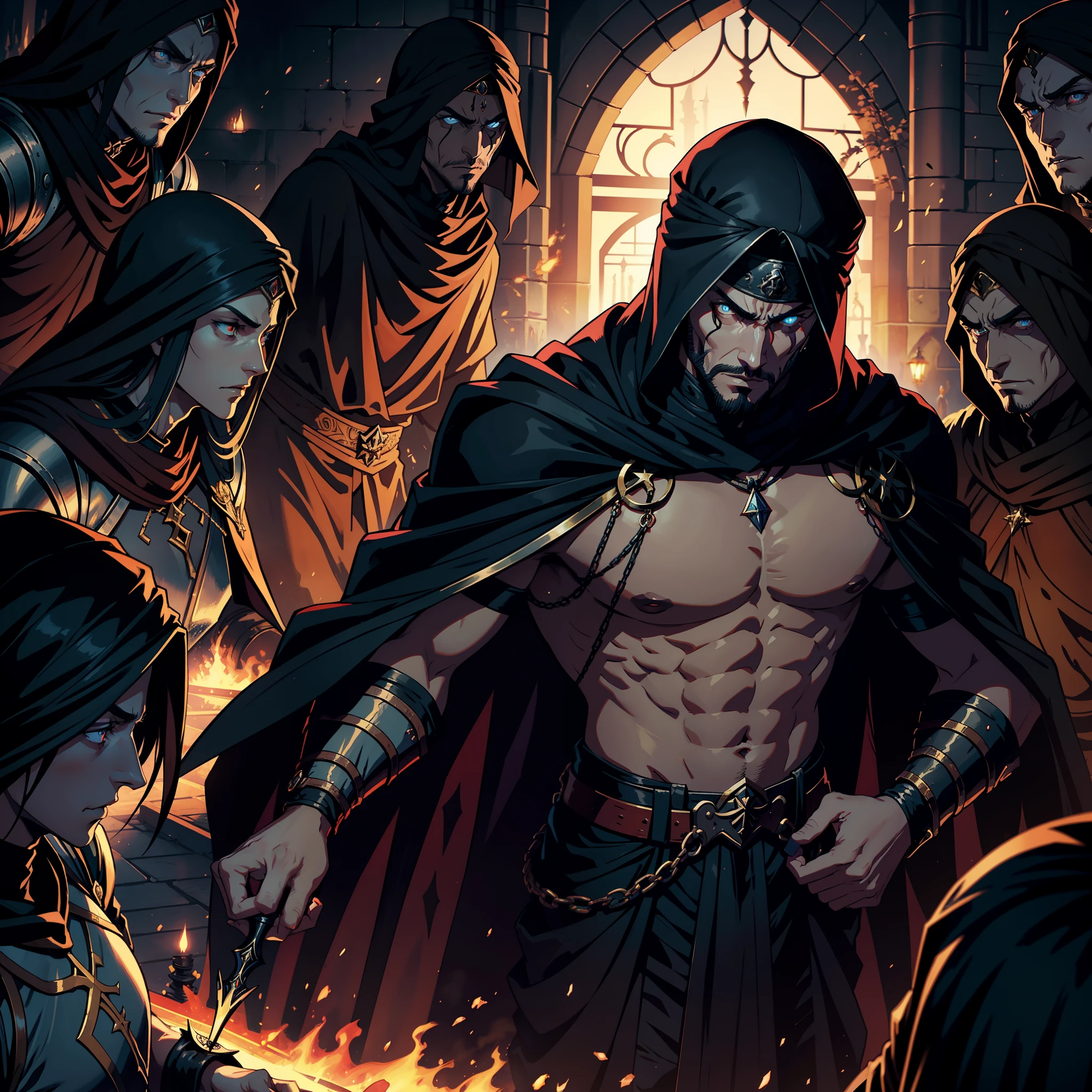 Castlevania, Le Seigneur des Ombres, Bel arabe, Man with Arab muscular face , Turban marocain, Legendary Face, fierce, hyper realistic, super detailed, Marocain, Beau seigneur arabe, muscle, Dracula, Diriger les troupes de Djinns, The Army in Combat, War of Aggression, Giant Demons, Very Scary Legendary, surrounded by demons and demons Very scary