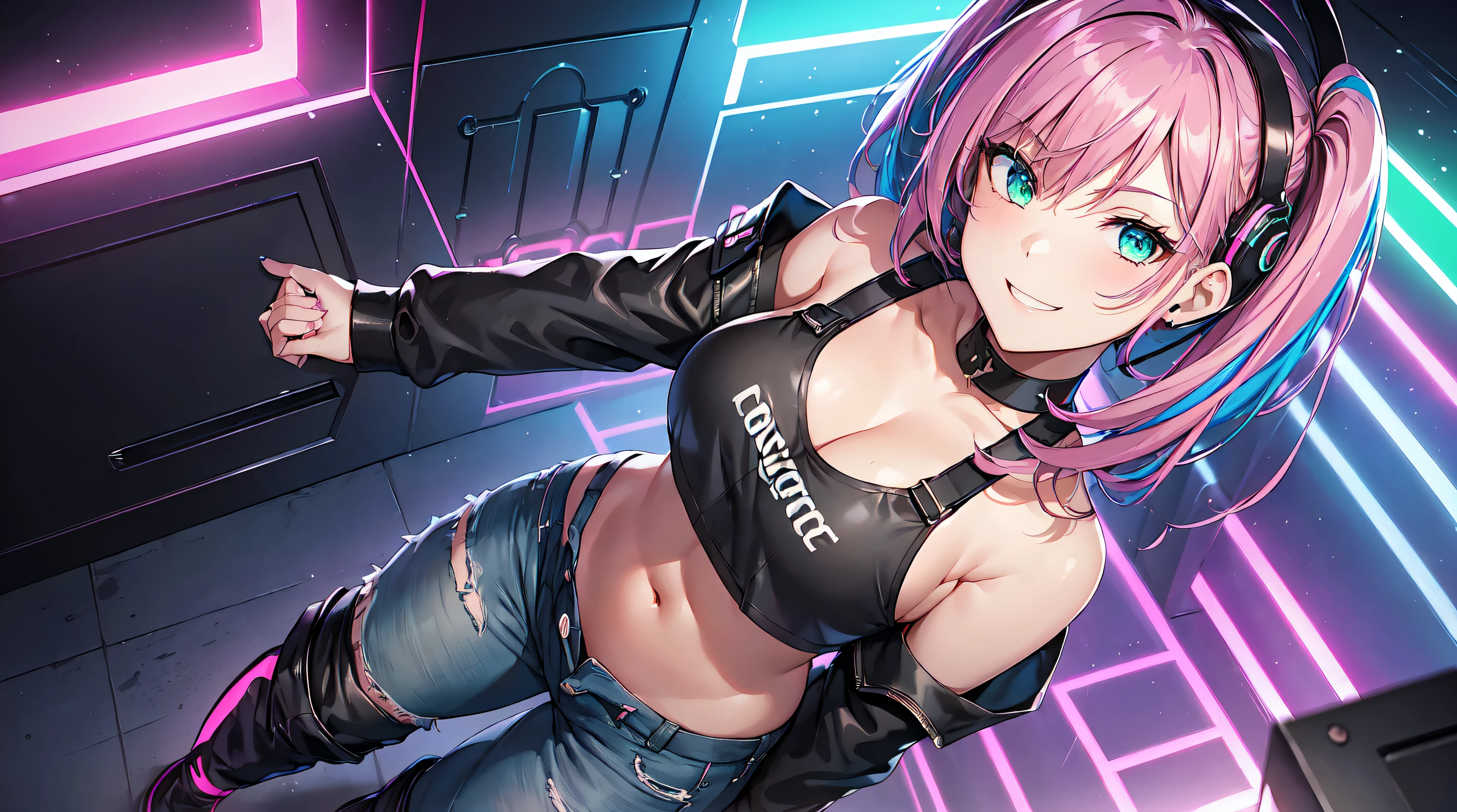 masterpiece, 1girl ((20year old, Black crop top shirt exposes navel, tight blue jeans, knee-high boots, medium breasts, multicolor pink hair, twin ponytails, green eyes, flirting, happy, big smile, looking up, headphones, standing in a nightclub dance floor, neon lights, futuristic and energetic atmosphere), ((nighttime)) ((high camera angle, top view))