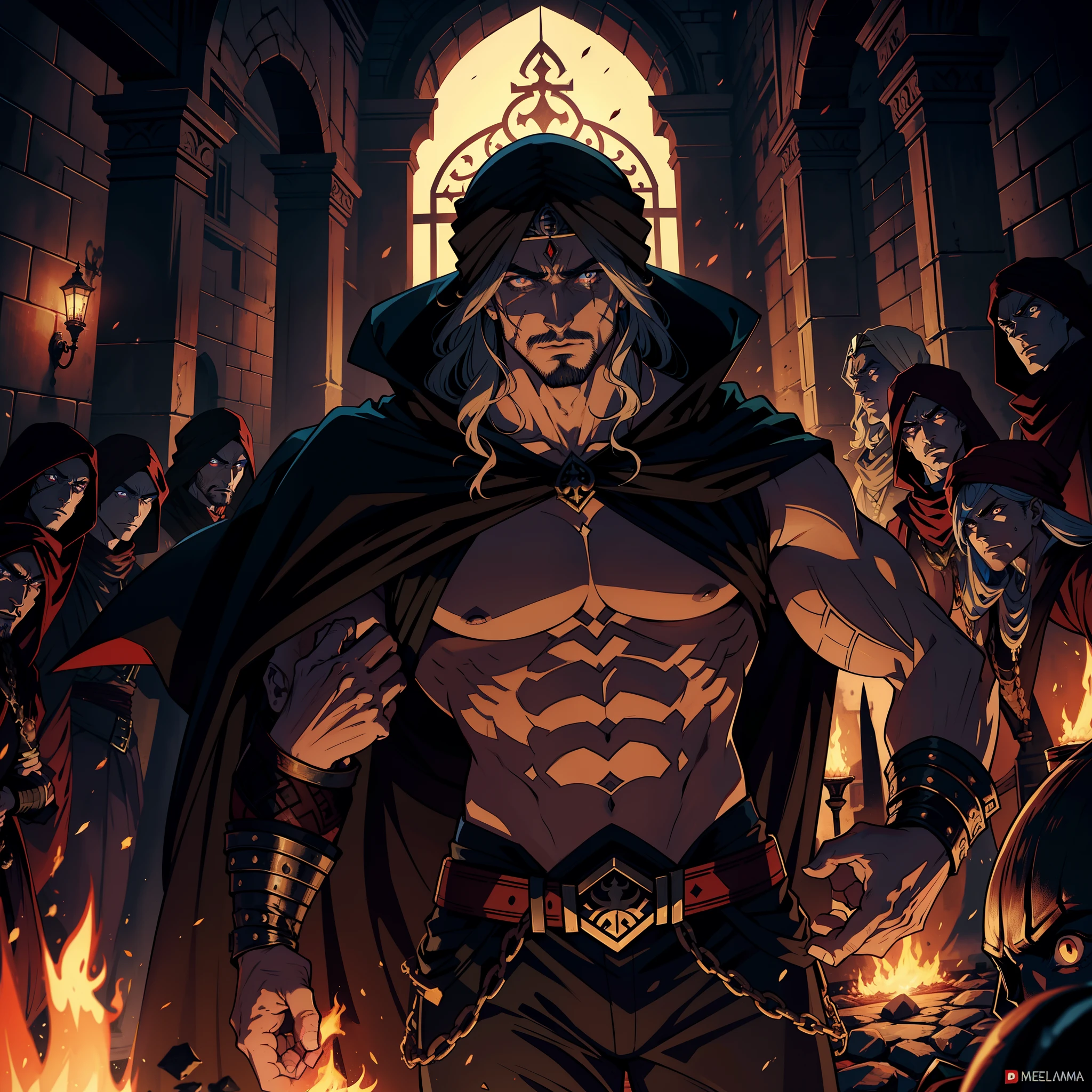 Castlevania, Le Seigneur des Ombres, Bel arabe, Man with Arab muscular face , Turban marocain, Legendary Face, fierce, hyper realistic, super detailed, Marocain, Beau seigneur arabe, muscle, Dracula, Diriger les troupes de Djinns, The Army in Combat, War of Aggression, Giant Demons, Very Scary Legendary, surrounded by demons and demons Very scary
