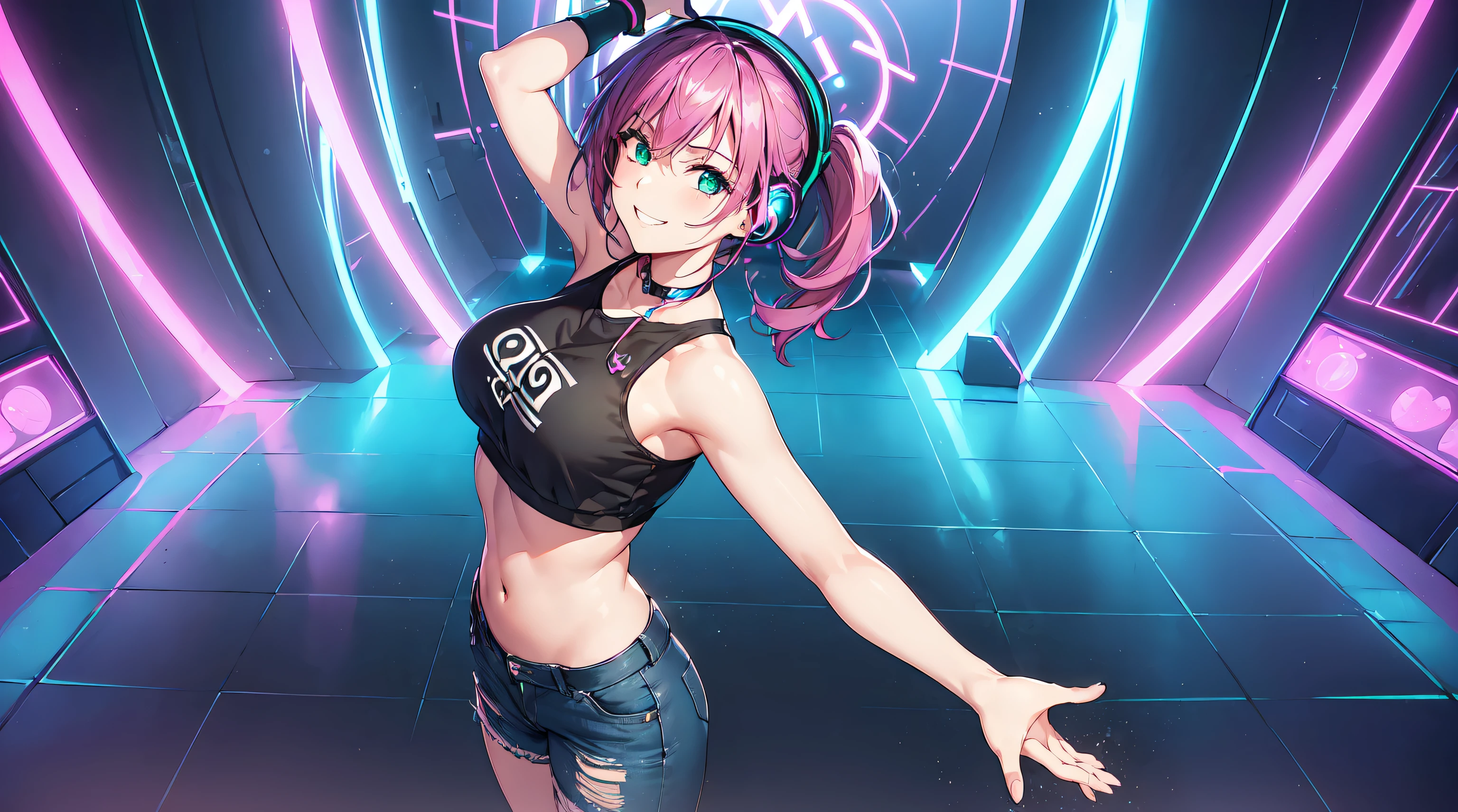 ​masterpiece, 1girl ((20year old, Black crop top shirt exposes navel, tight blue jeans, knee-high boots, medium breasts, multicolor pink hair, twin ponytails, green eyes, flirting, happy, big smile, looking up, headphones, standing in a nightclub dance floor, neon lights, futuristic and energetic atmosphere), ((nighttime)) ((high camera angle, top view))