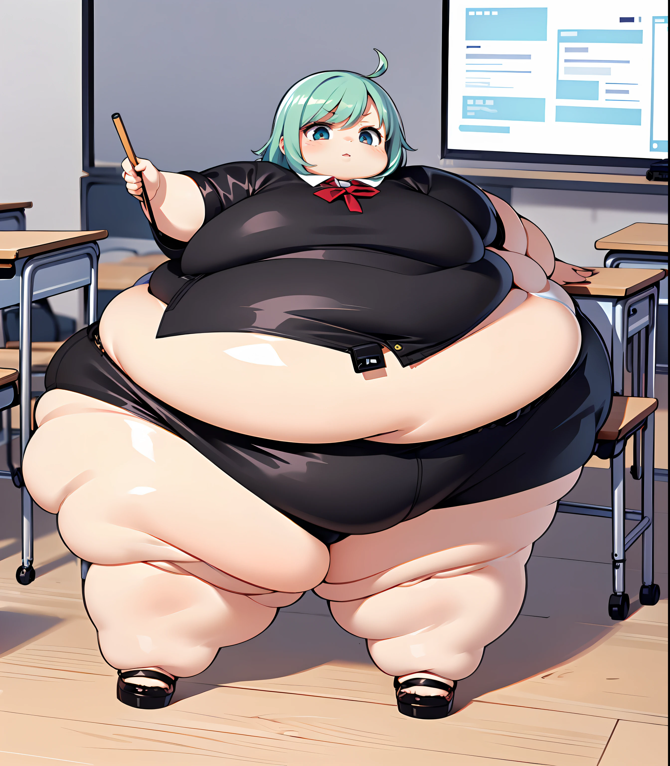 little baby, small girl, (((Small body))), (((Chibi))), (((ropa escolar))), (((Walking in a classroom))), (((obeso, Immobil Blob))),