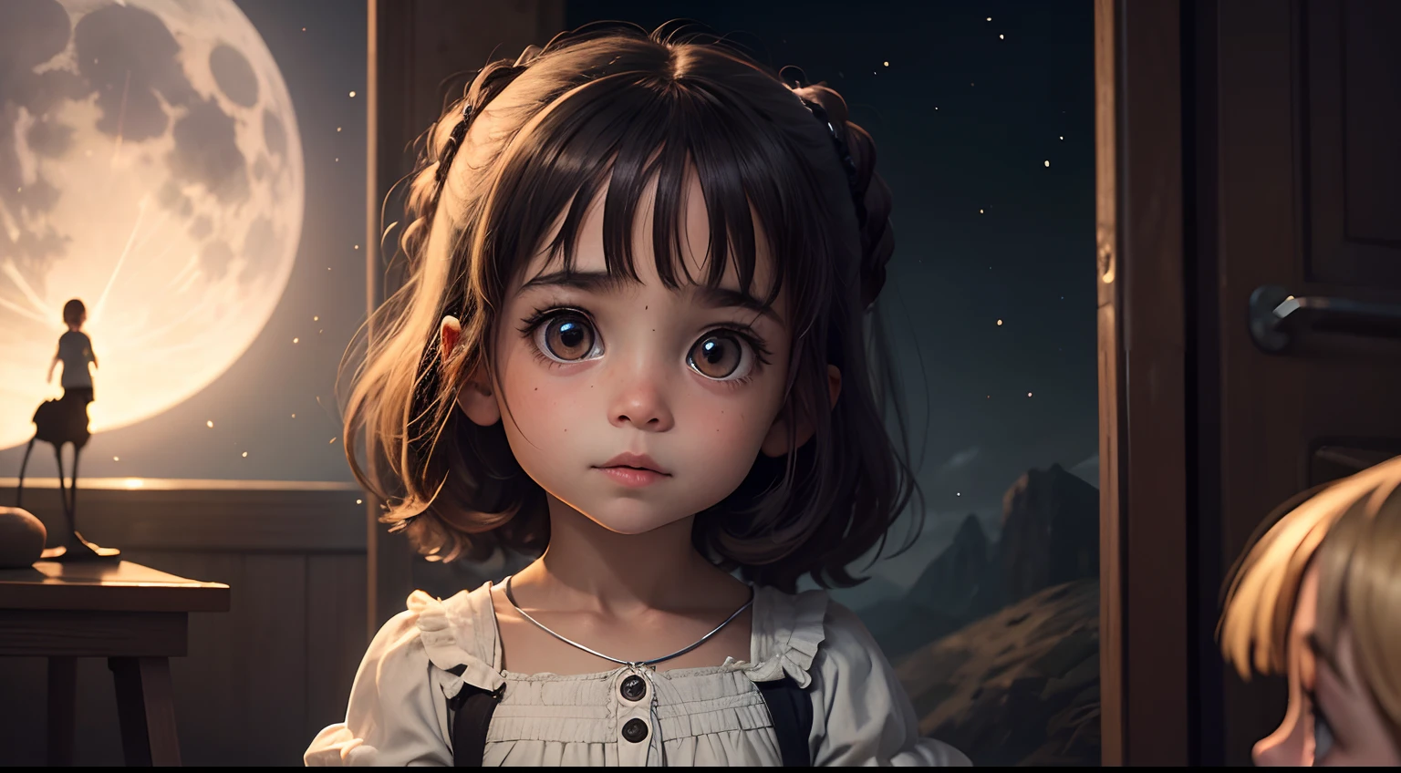 Uma imagem de Luna, A girl with bright eyes and curious expression, Talking to other children