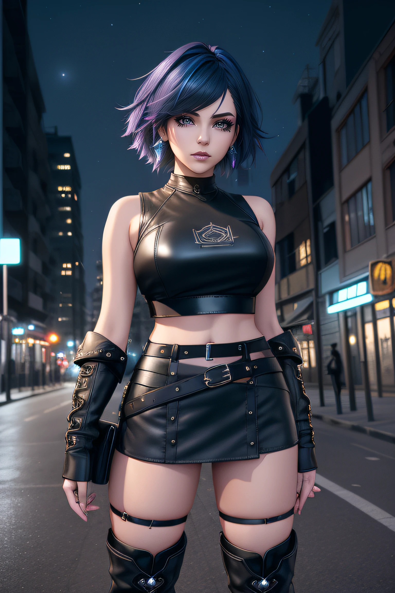 beautiful girl, full body, short bright blue dishevelled hair, black eyeshadow, (street style wear:1.2), ((tight fitted short skirt)), ((knee high leather boots)), (city night background:1.2), dark makeup, digital art, trending on artstation, highly detailed, fine detail, intricate,  beautiful detailed glow, detailed, Cinematic light, high-res, detailed facial features, sharp focus, smooth, aesthetic,